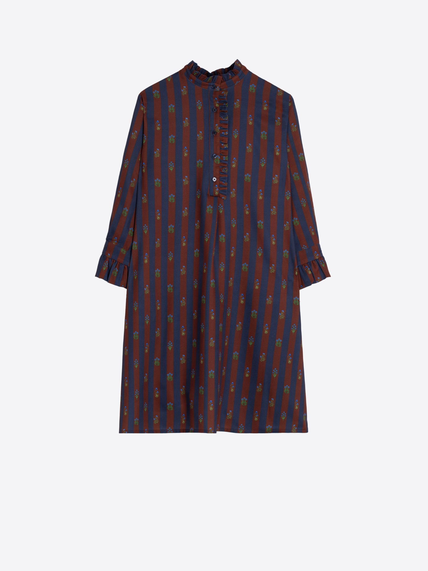 SHORT DRESS INDIAN FLOWER STRIPES BROWN NAVY
