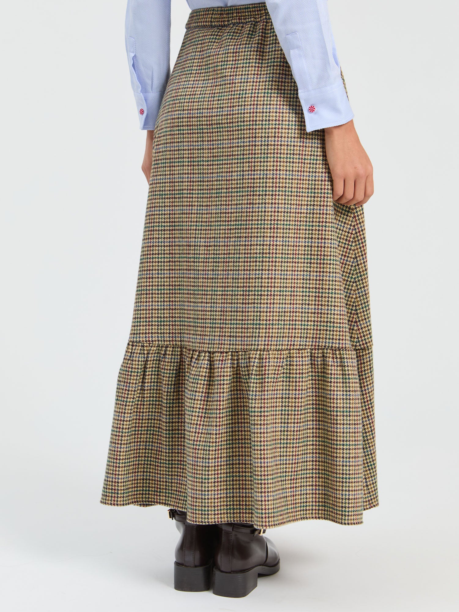 CAMEL HOUNDSTOOTH RUFFLE MIDI SKIRT
