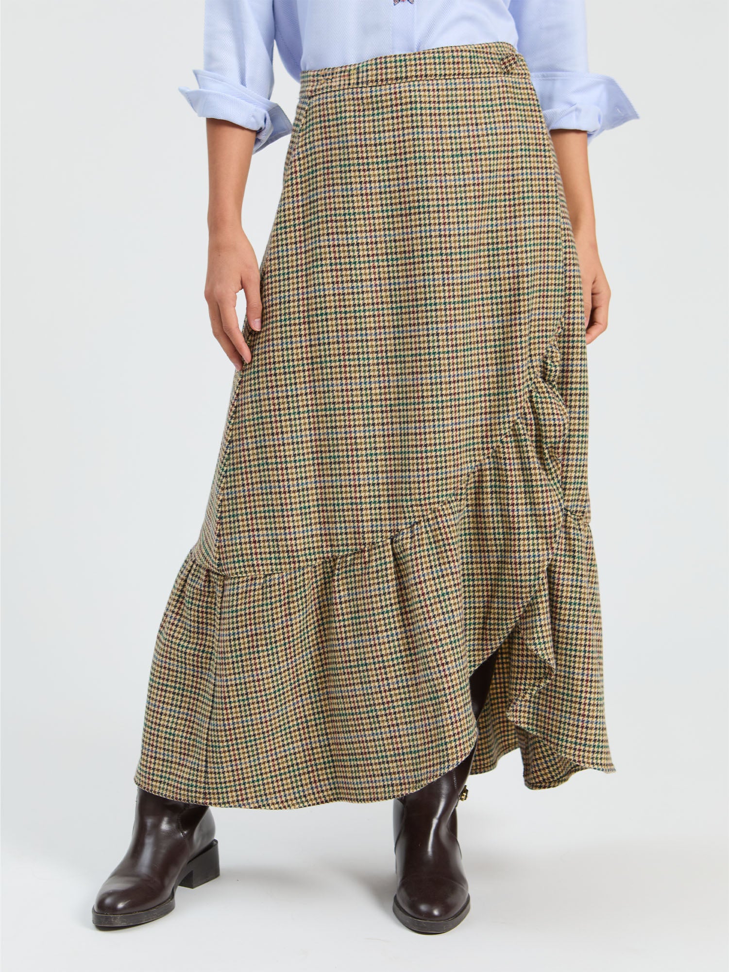 CAMEL HOUNDSTOOTH RUFFLE MIDI SKIRT