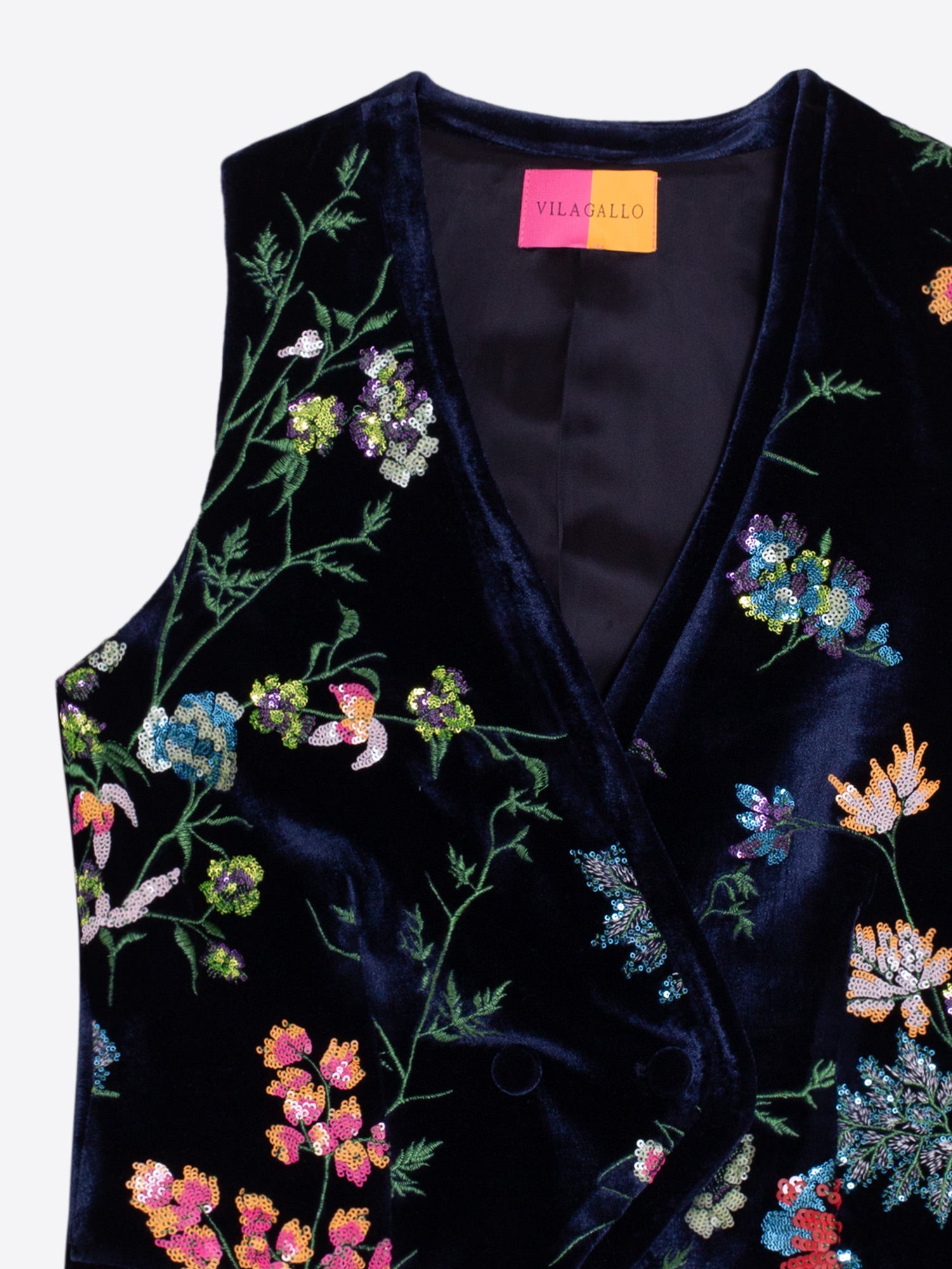 NAVY VELVET VEST WITH EMBROIDERED FLOWERS