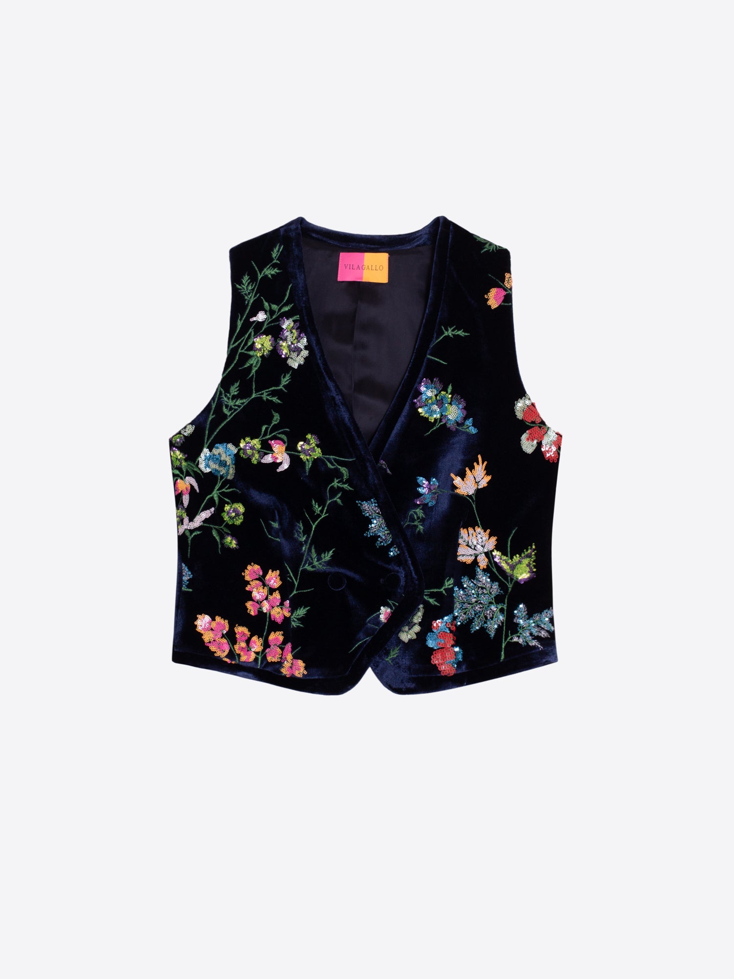 NAVY VELVET VEST WITH EMBROIDERED FLOWERS