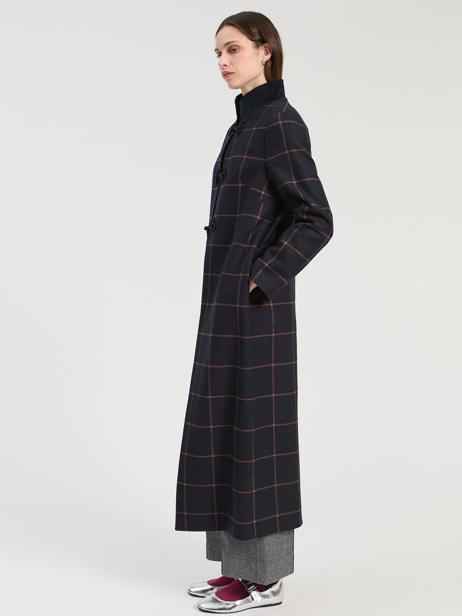 NAVY PLAID WOOL DUFFLE COAT
