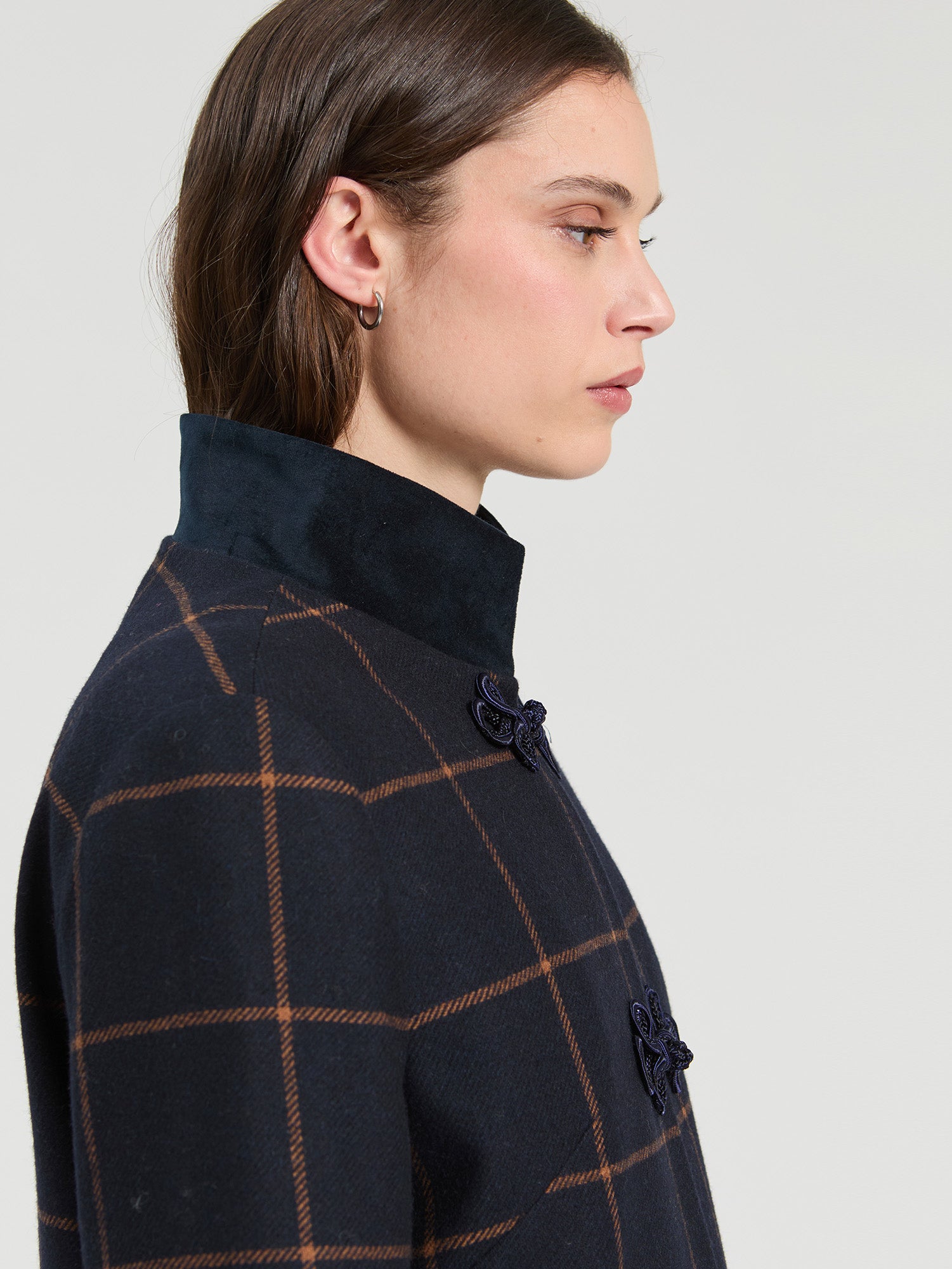 NAVY PLAID WOOL DUFFLE COAT