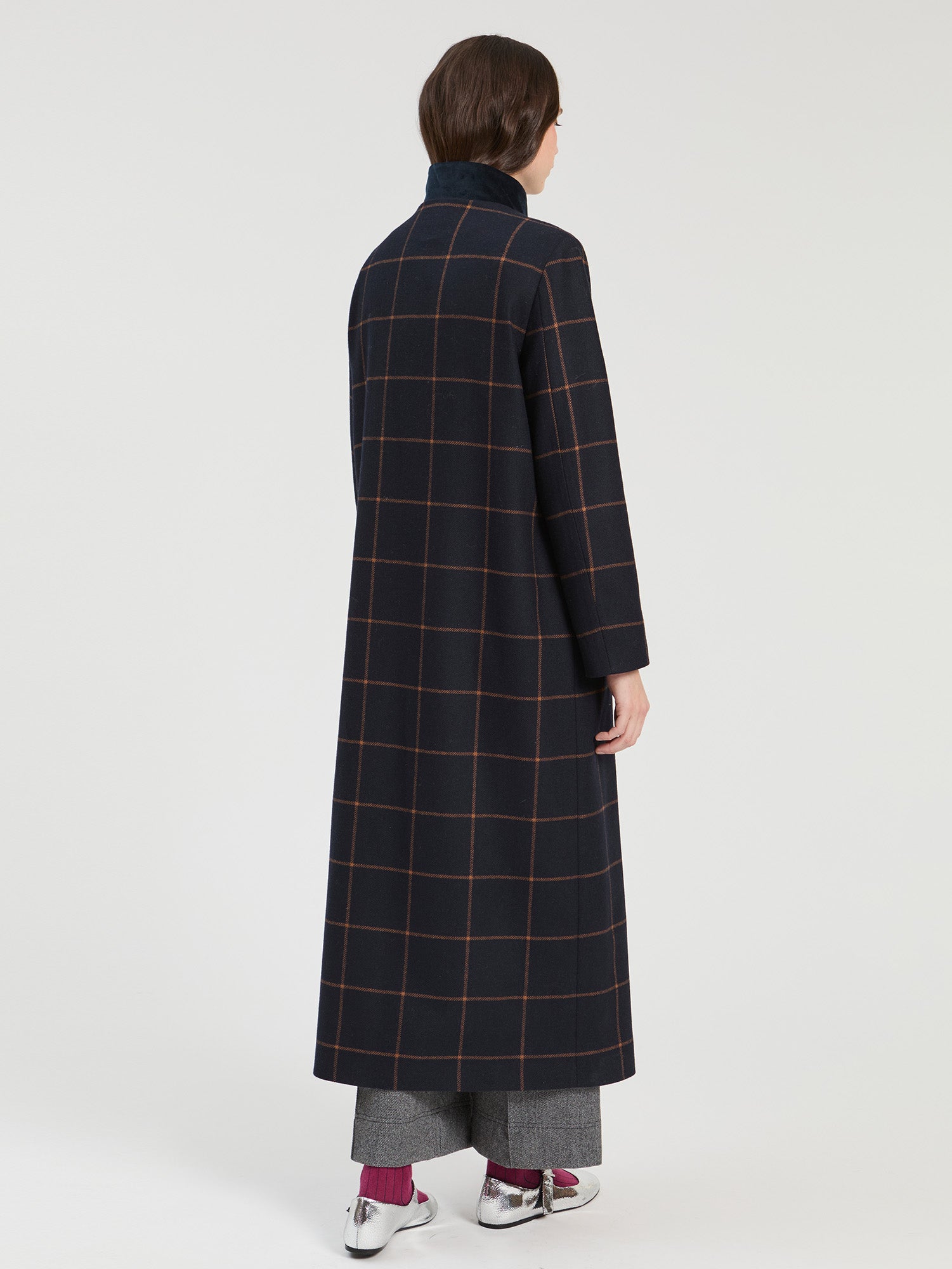 NAVY PLAID WOOL DUFFLE COAT