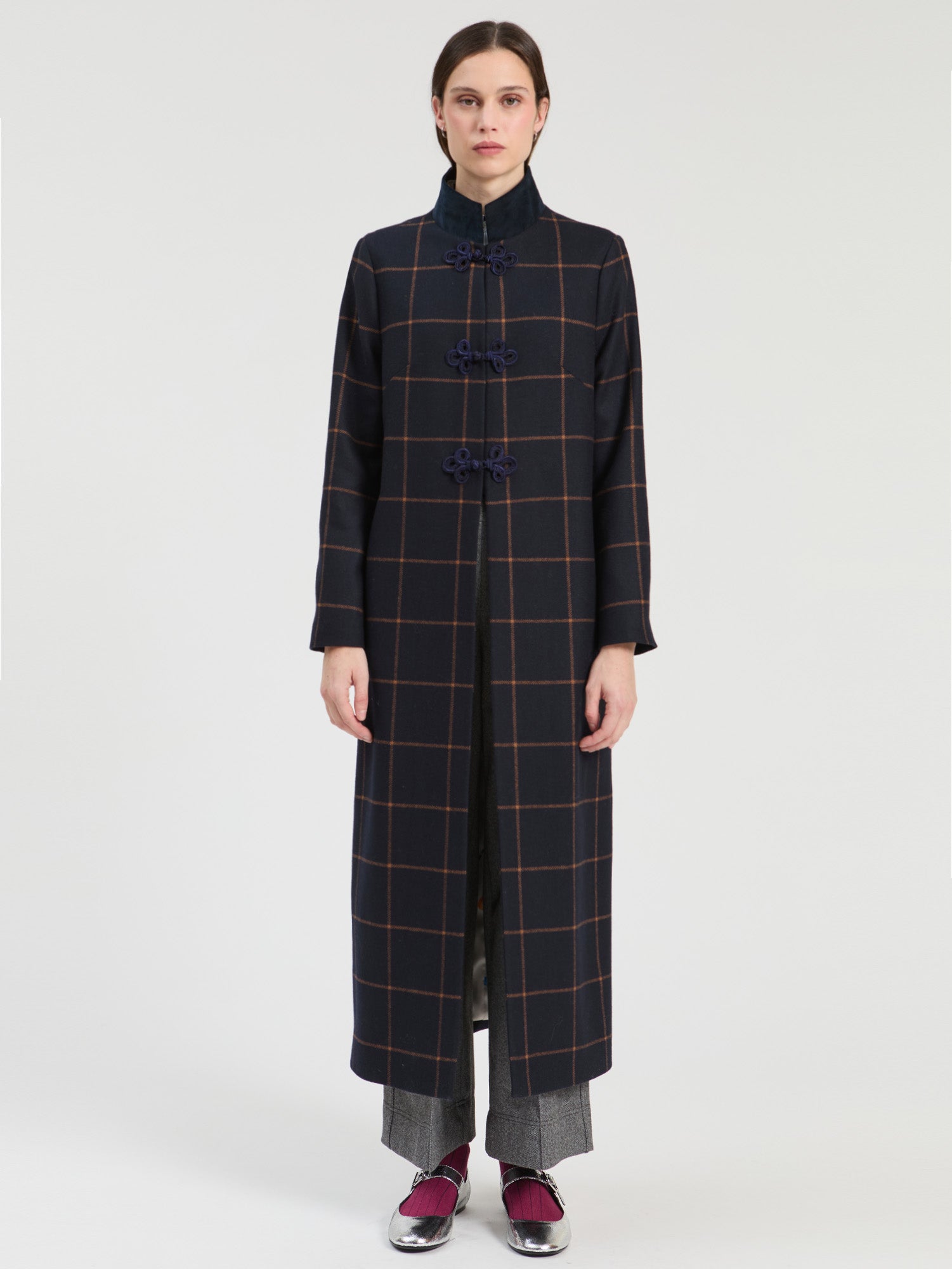 NAVY PLAID WOOL DUFFLE COAT