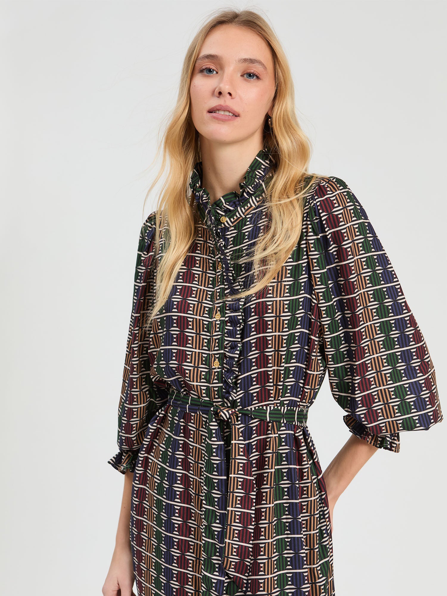 GEO CIRCLE STRIPE MULTICOLOR MIDI DRESS