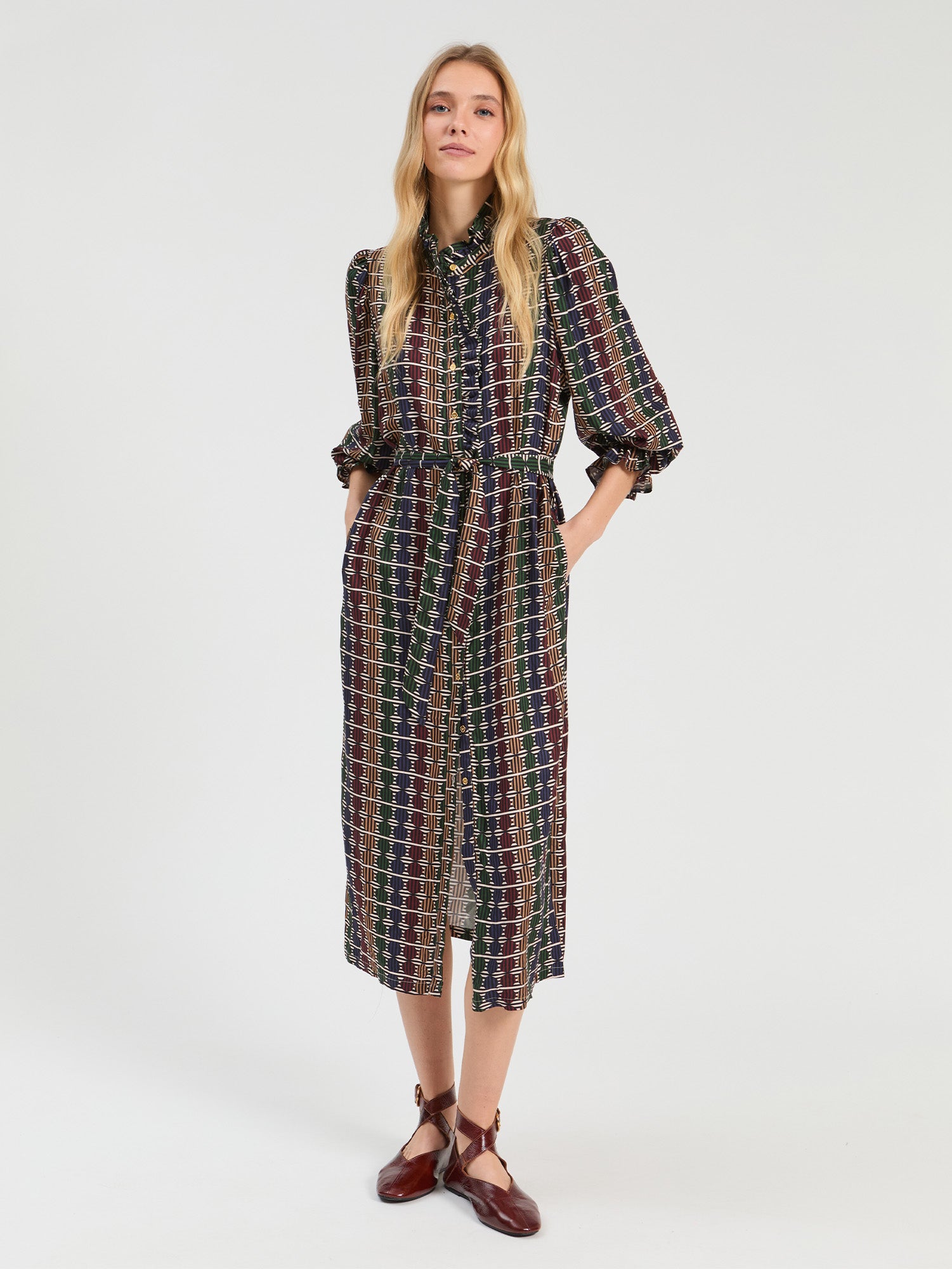 GEO CIRCLE STRIPE MULTICOLOR MIDI DRESS