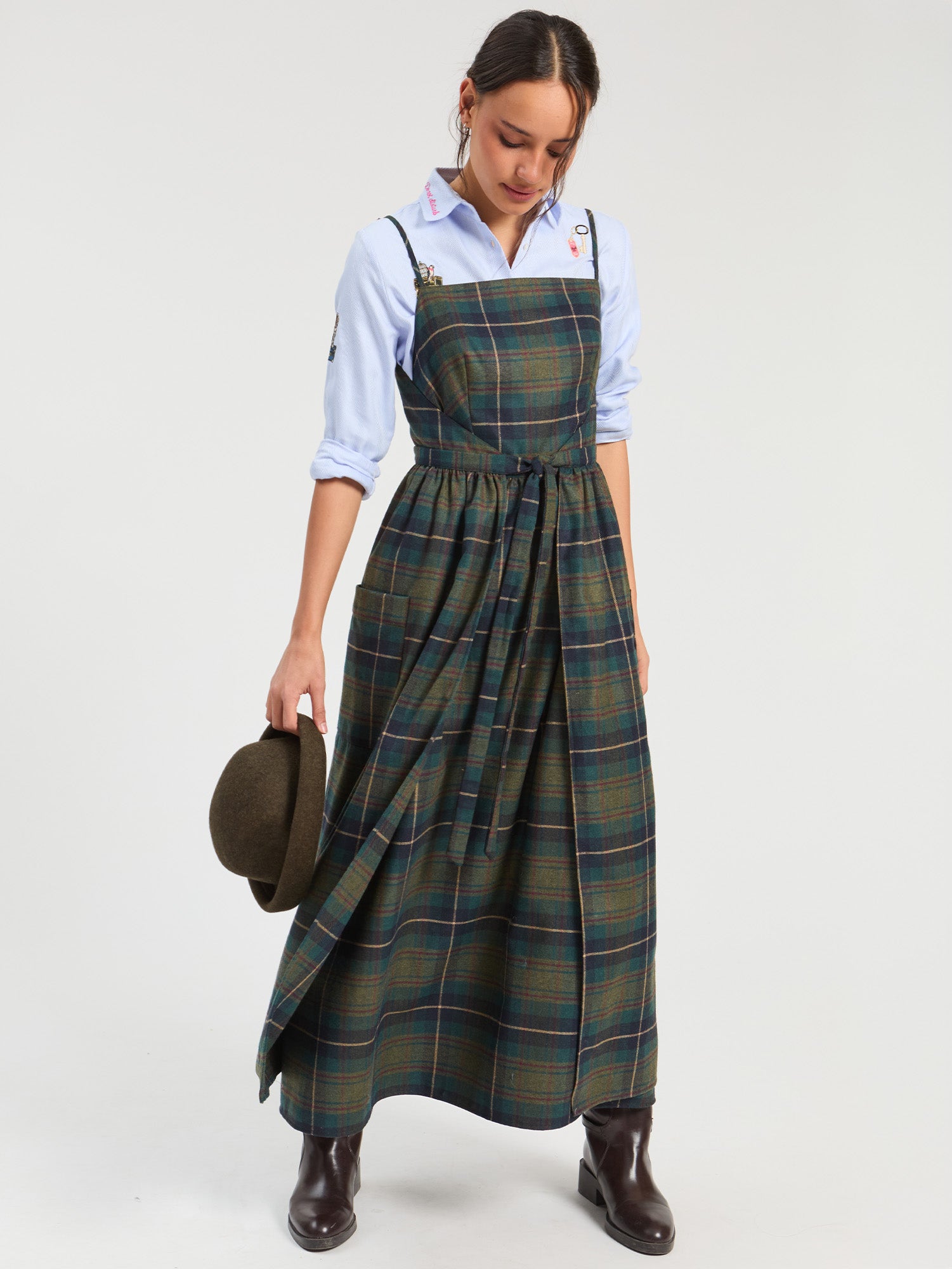 GREEN BURGUNDY PLAID MIDI DRESS