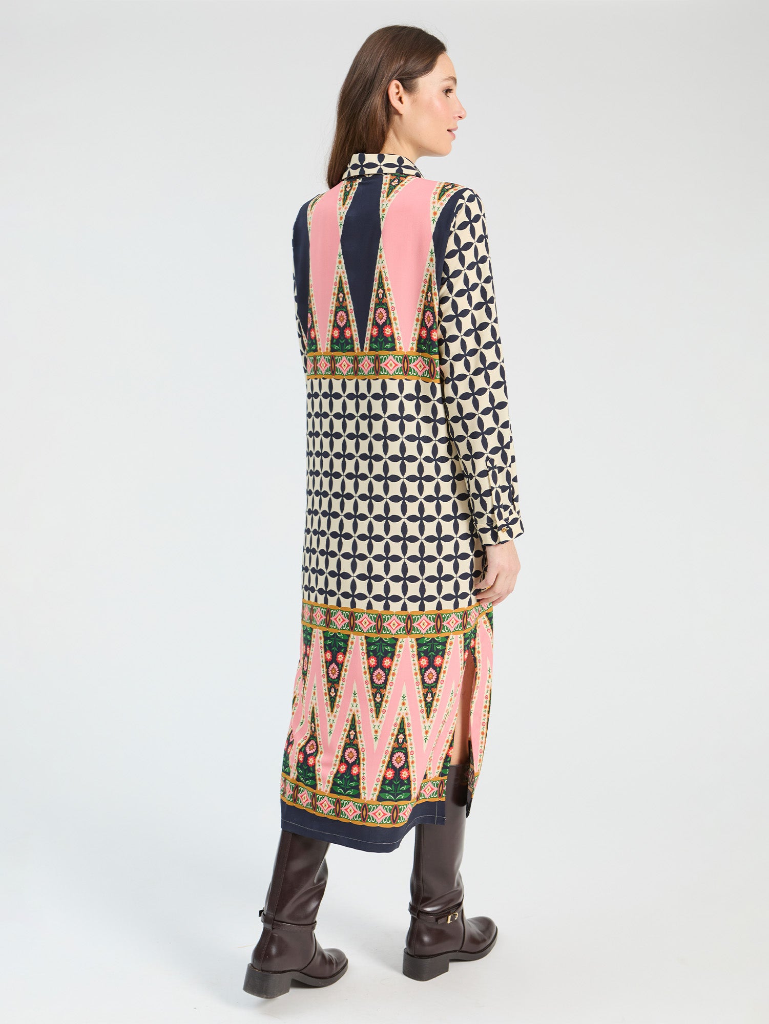 PINK AND BLACK ETHNIC GEO MIDI DRESS