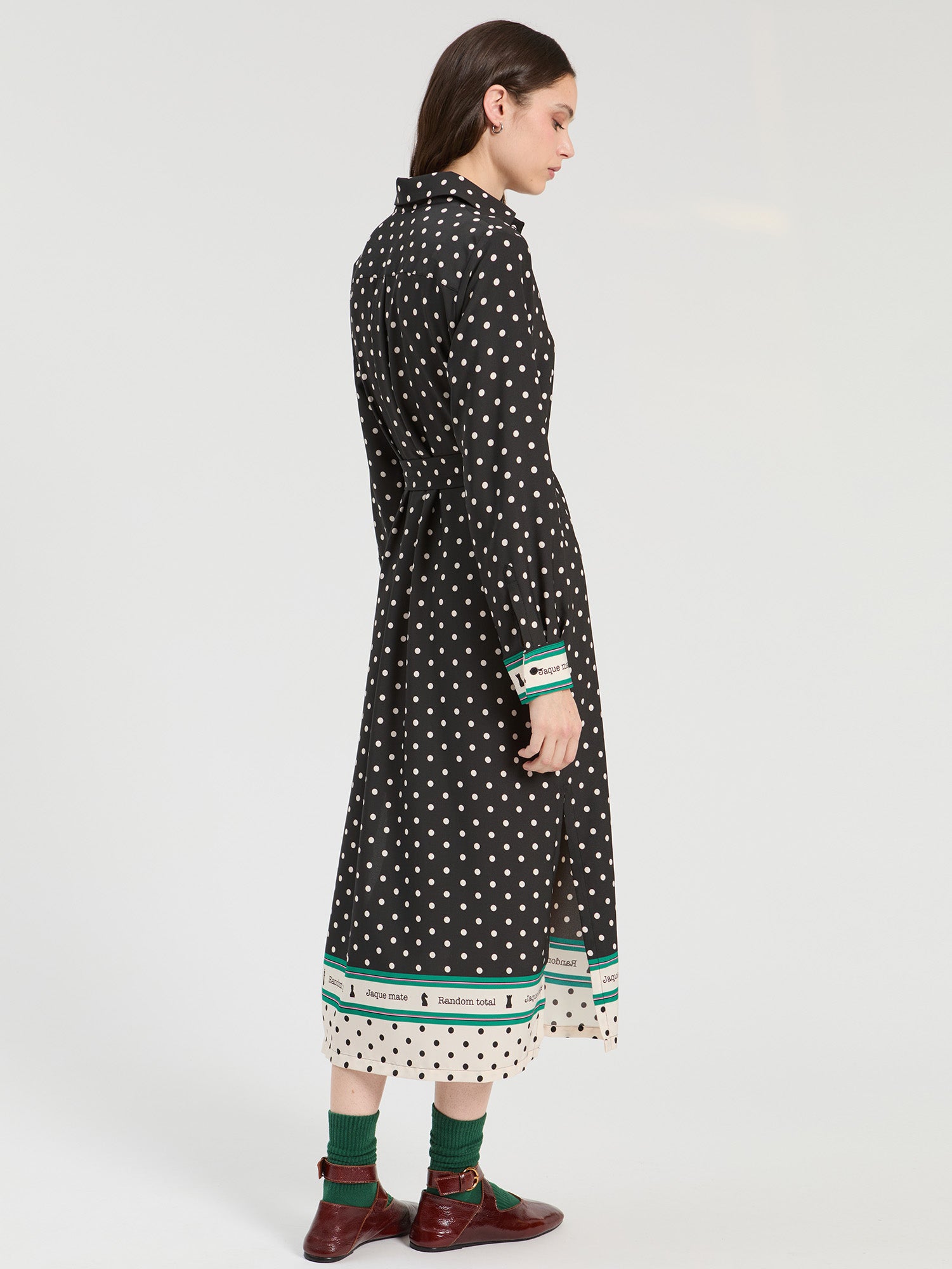 BLACK AND CREAM CHECKERED POLKA DOT MIDI DRESS