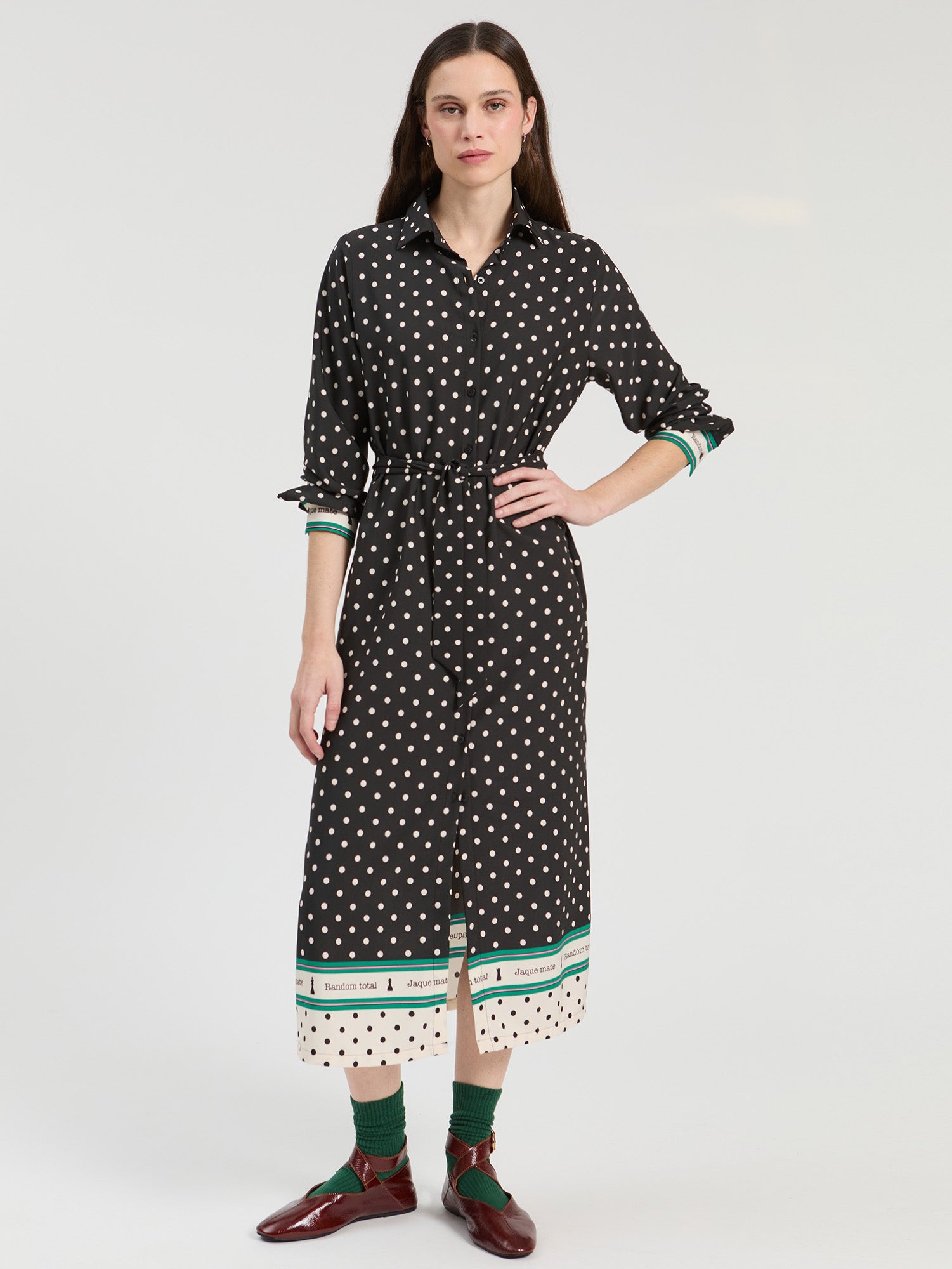 BLACK AND CREAM CHECKERED POLKA DOT MIDI DRESS
