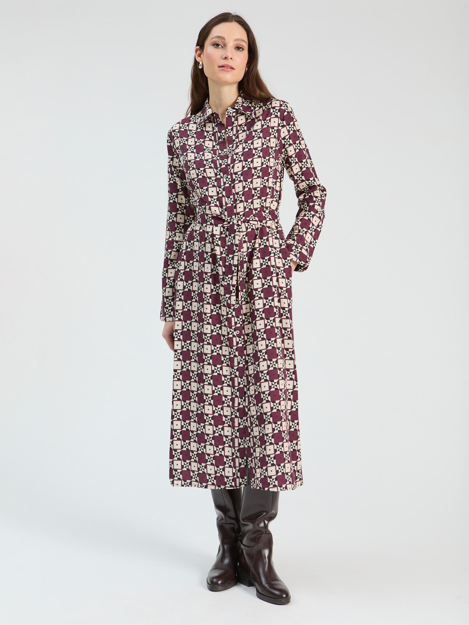 BURGUNDY GEOMETRIC SUN MIDI DRESS