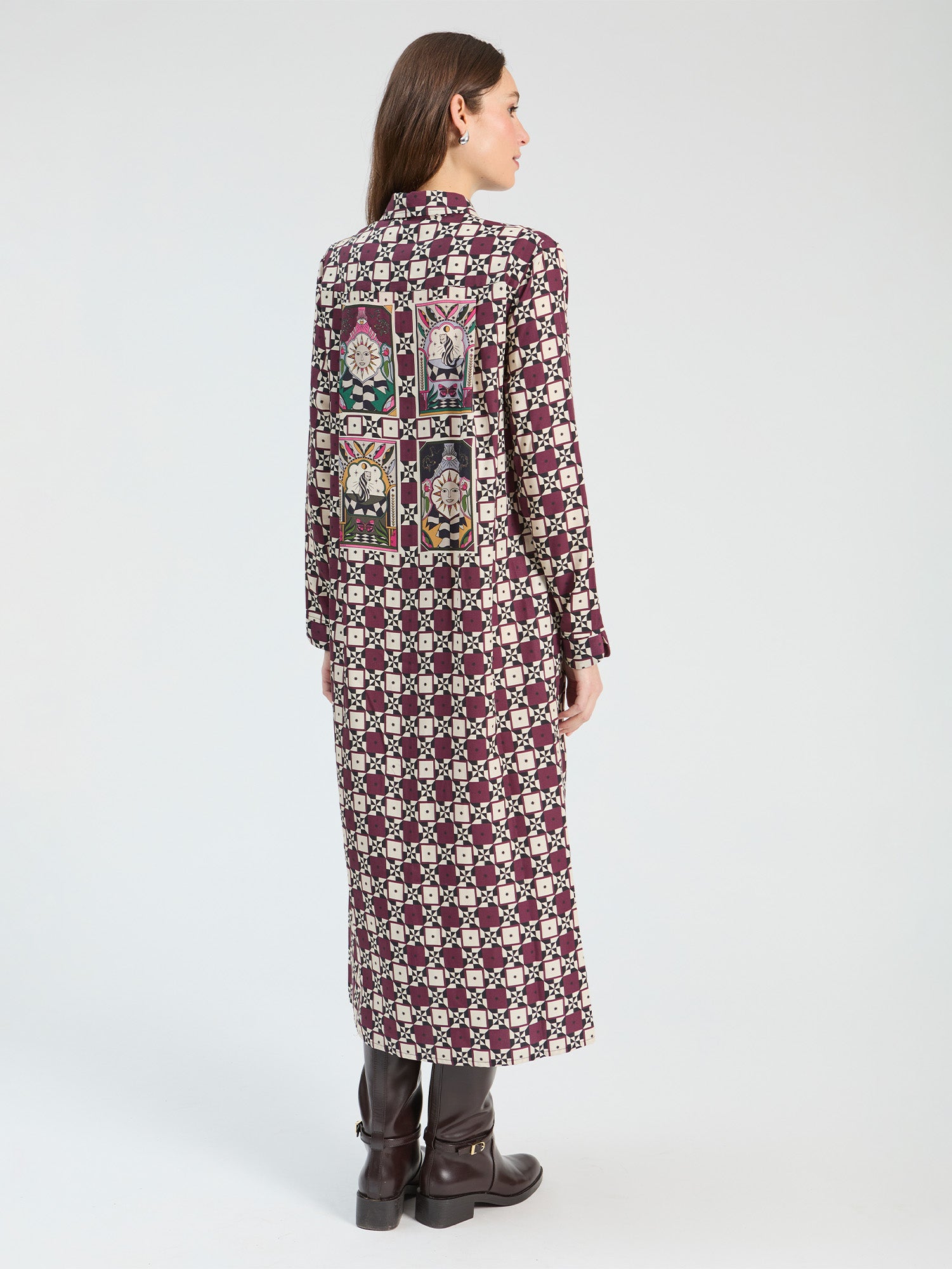 BURGUNDY GEOMETRIC SUN MIDI DRESS