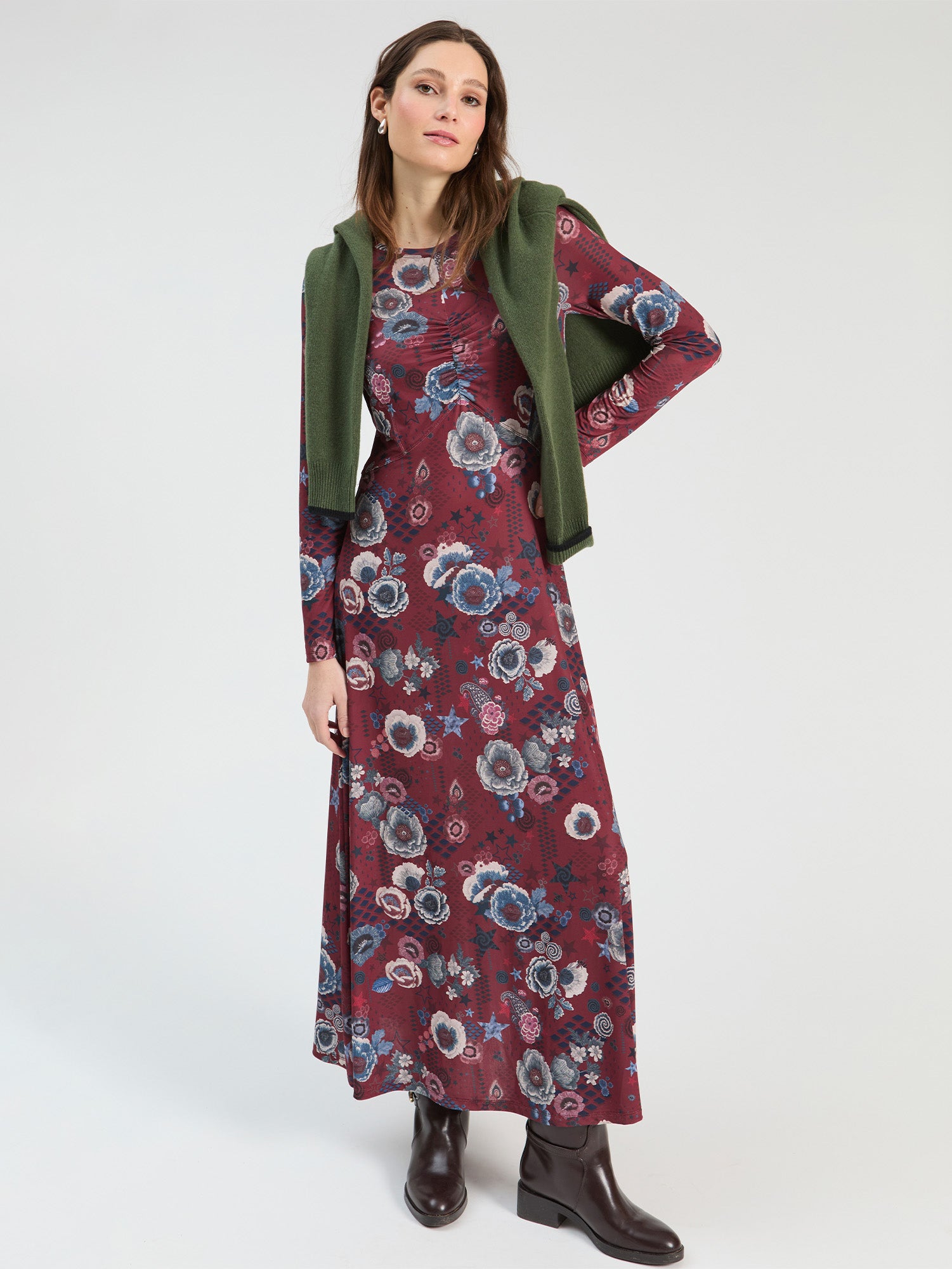 Burgundy and Blue Floral Maxi Dress