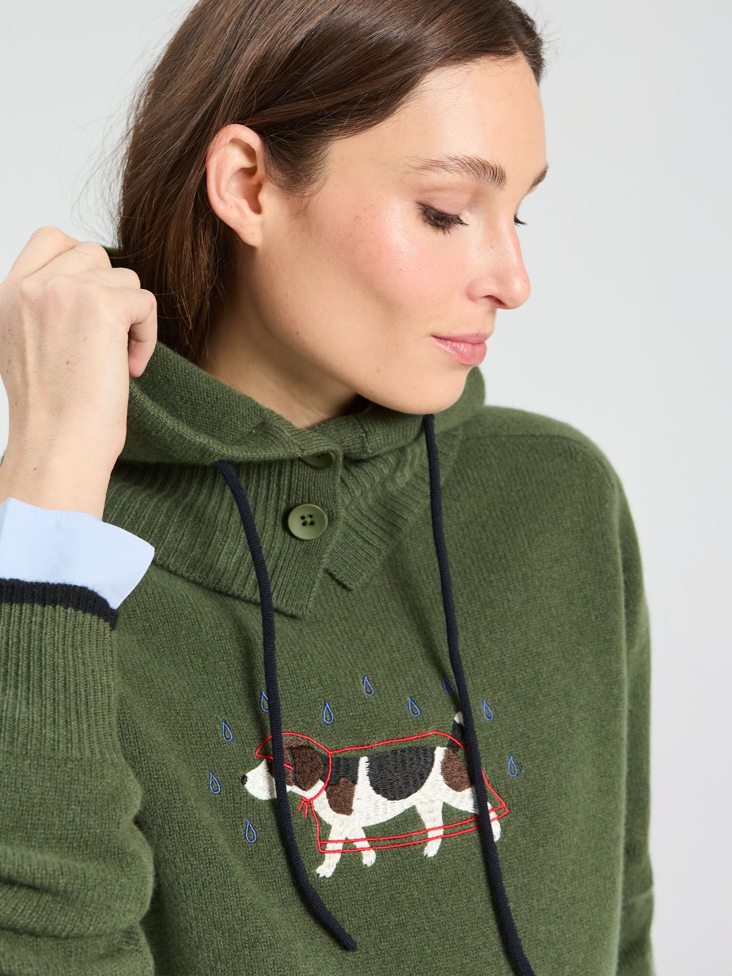 GREEN KNIT HUNTING AND NAVY HOOD