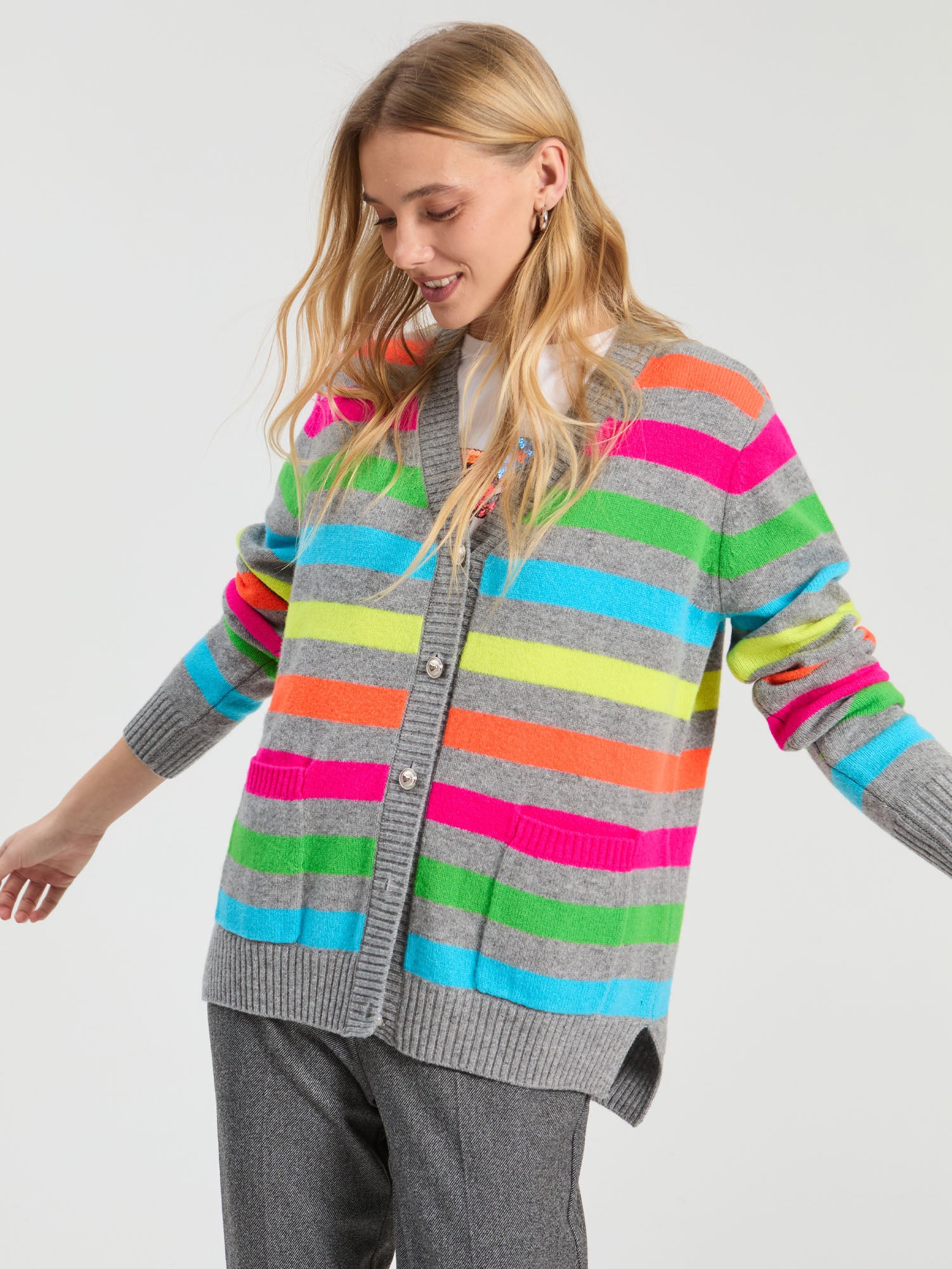 GRAY MULTICOLOR STRIPED CARDIGAN