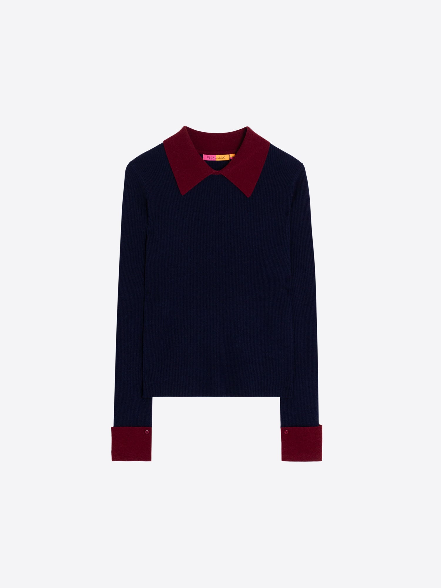 NAVY RIBBED JUMPER BURGUNDY NECK