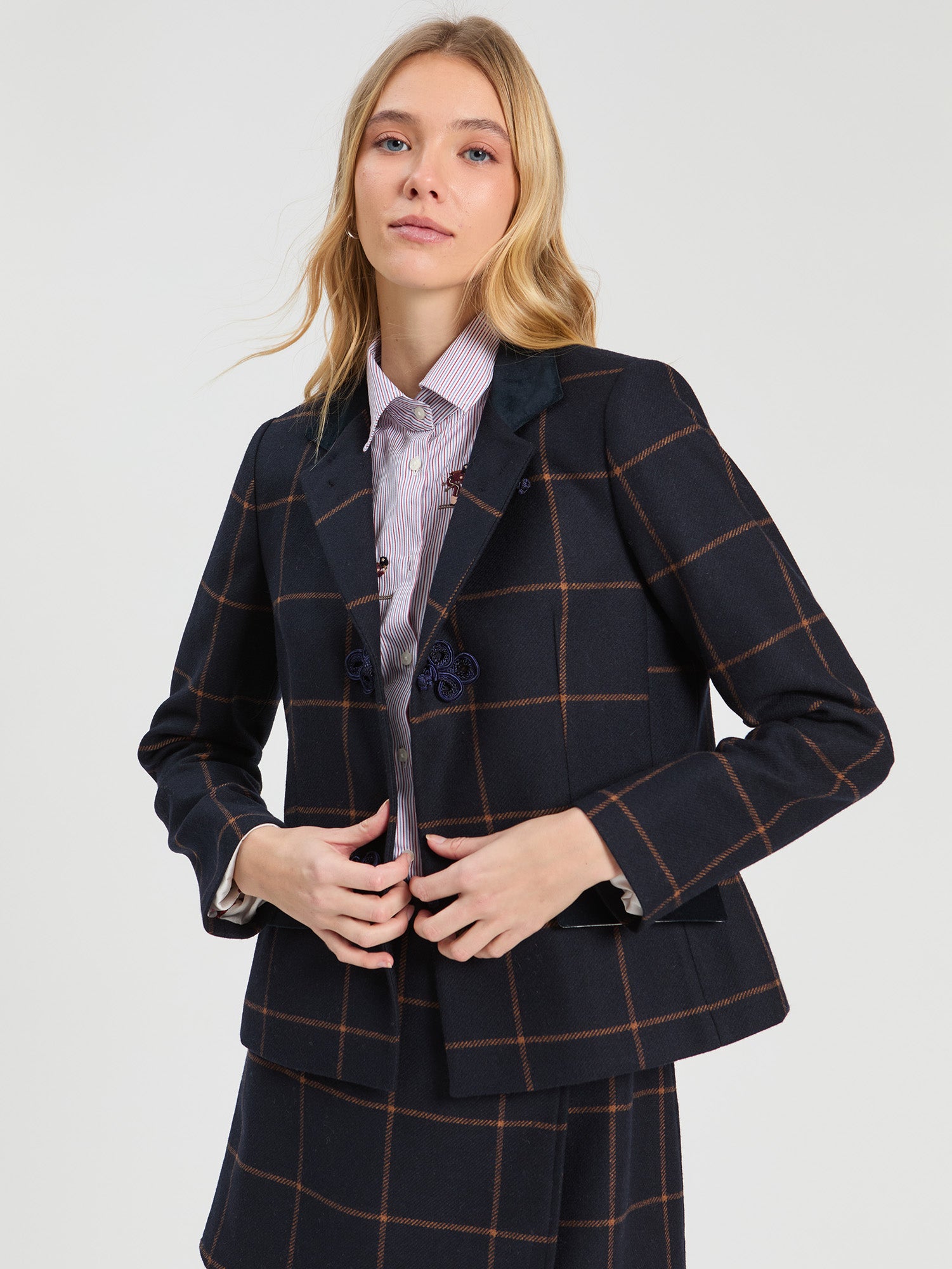 WOOL PLAID JACKET XL NAVY AND CAMEL