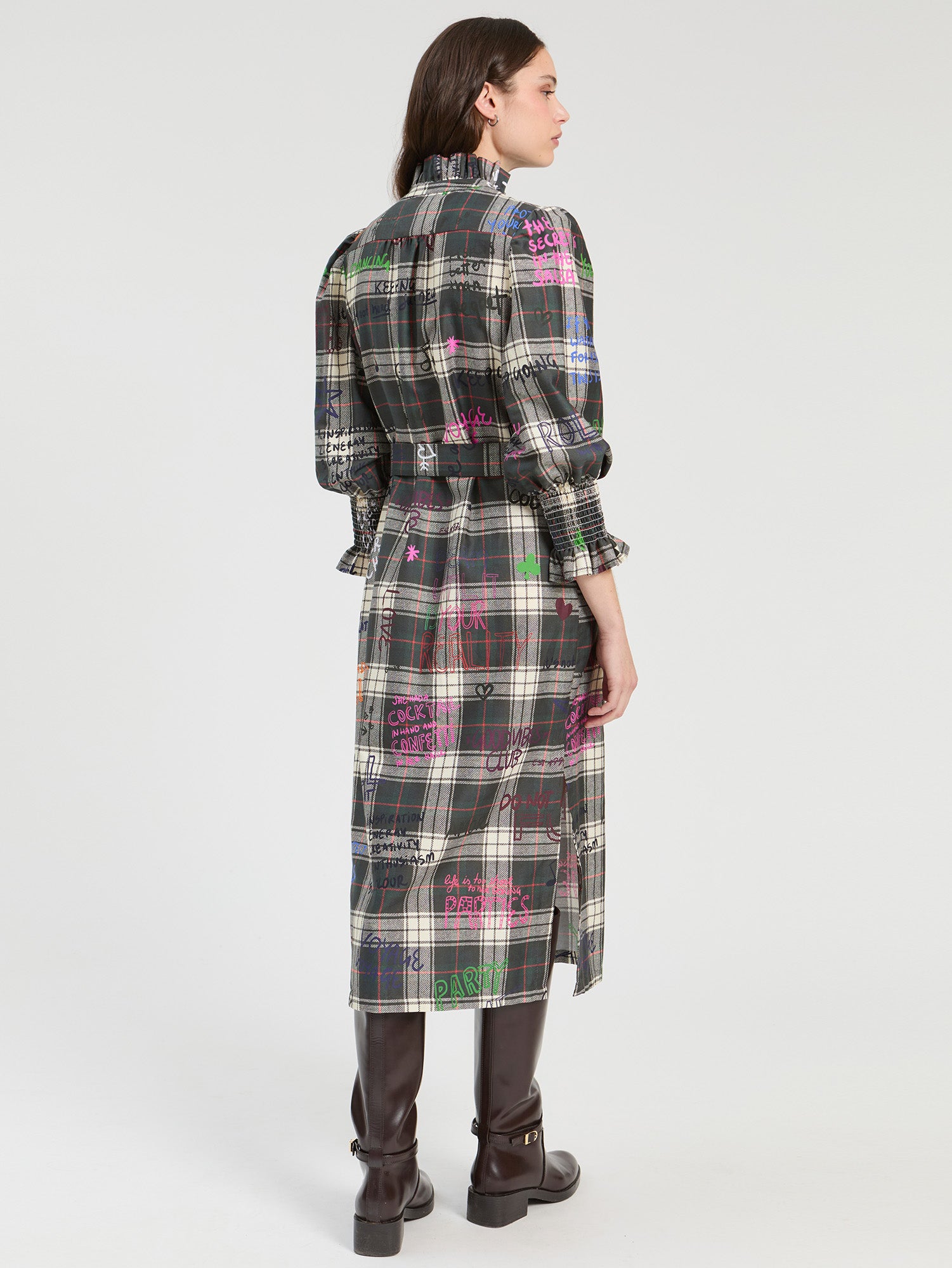PLAID GRAFFITI MIDI DRESS