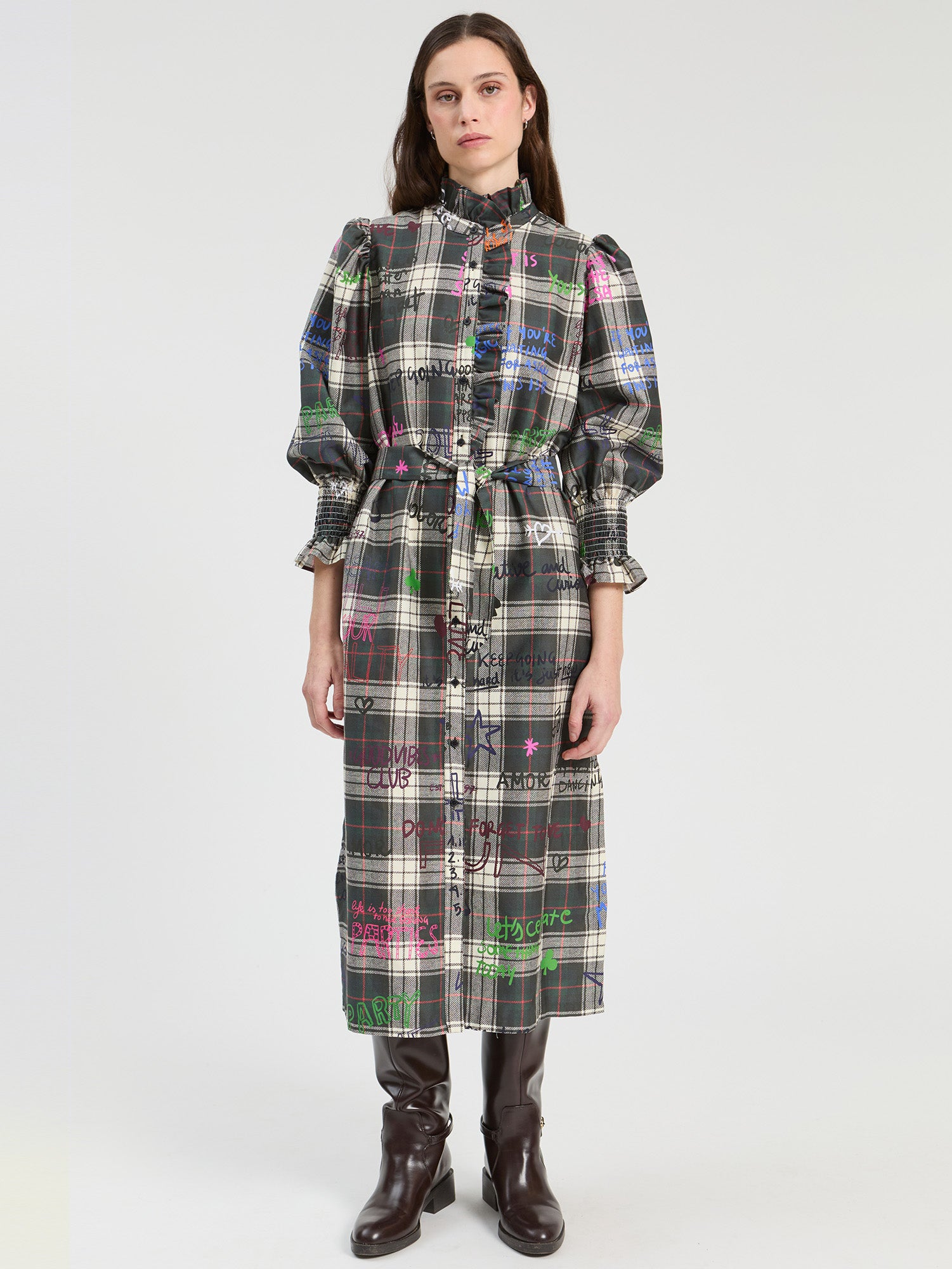 PLAID GRAFFITI MIDI DRESS
