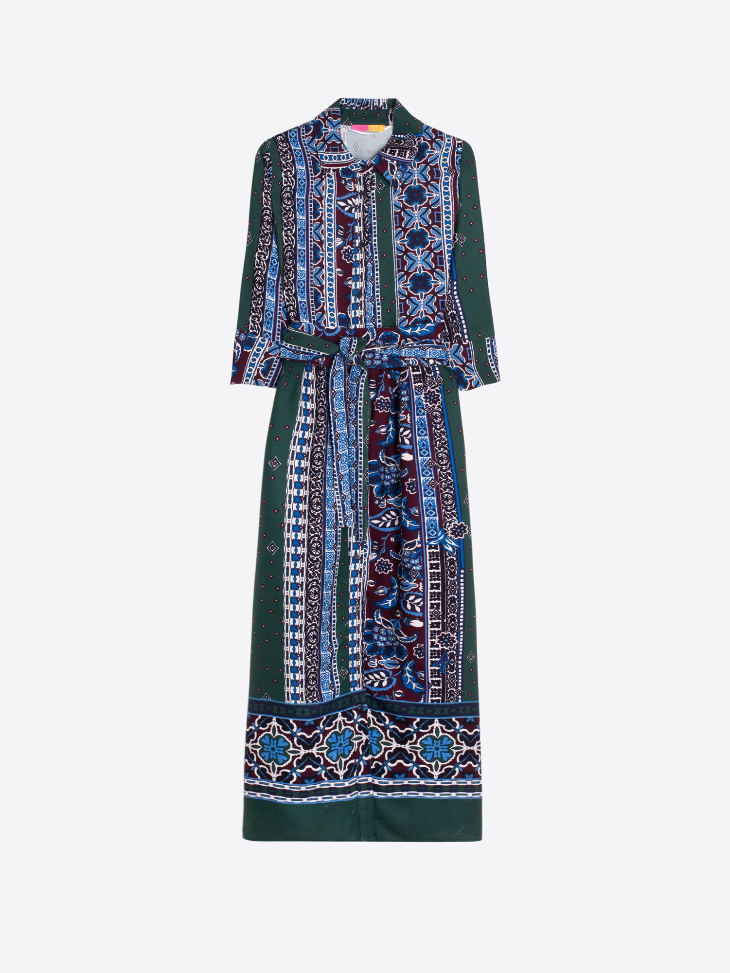 LONG DRESS WITH FRIEZES AND BLUE FLOWERS