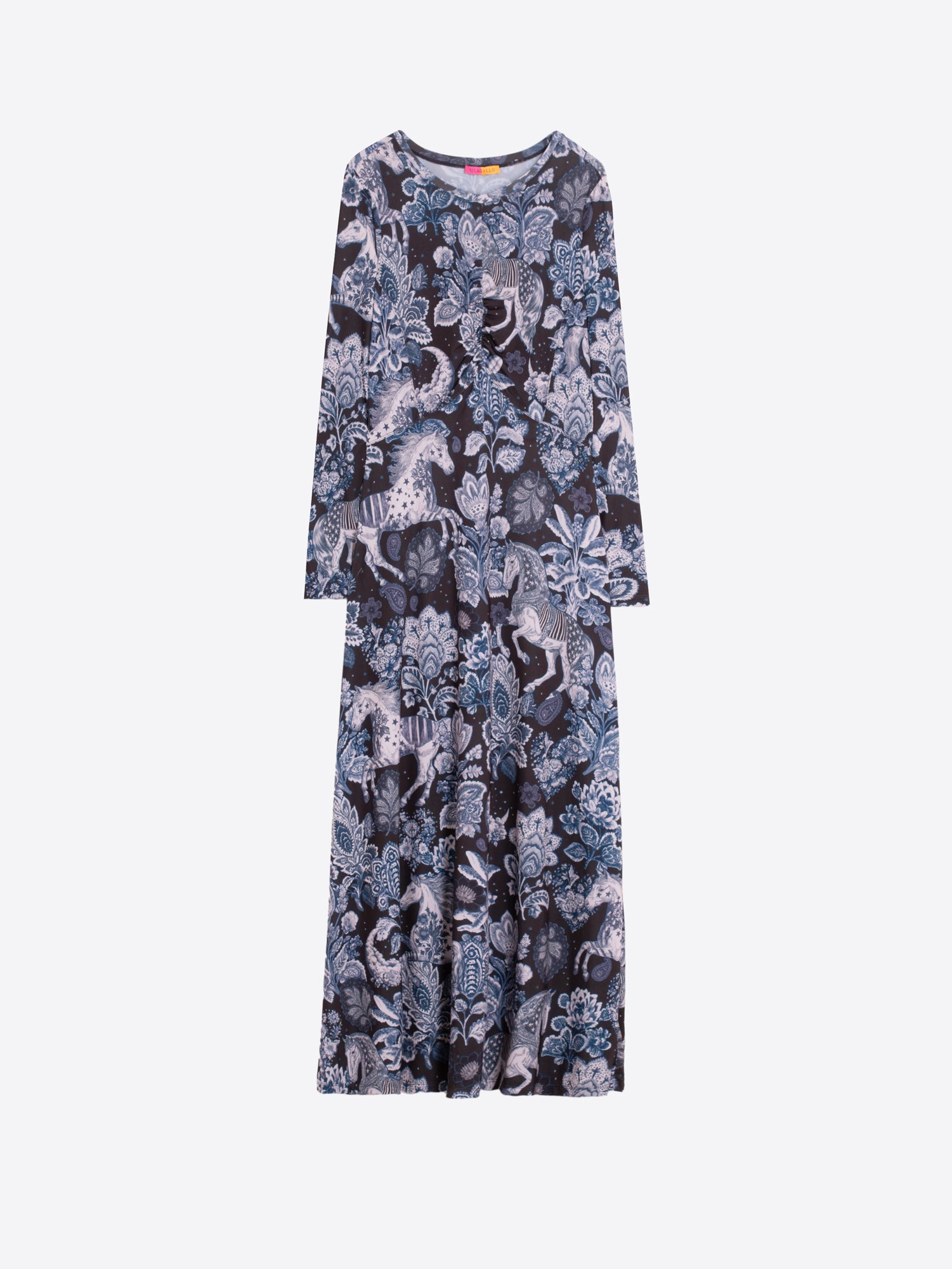 LONG BLACK DRESS WHITE AND BLUE HORSES