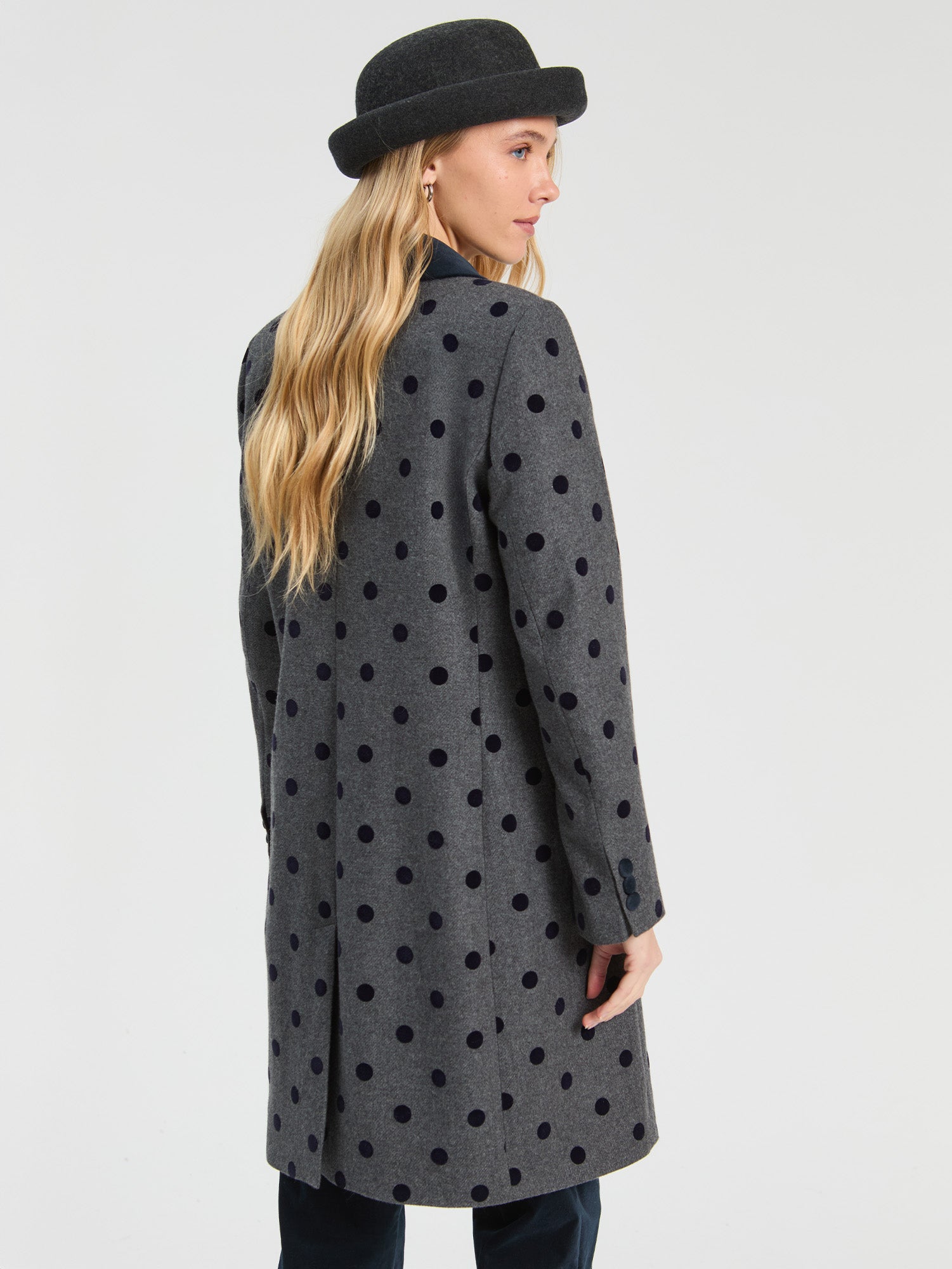 GRAY COAT WITH BLACK FLOCKED POLKA DOTS