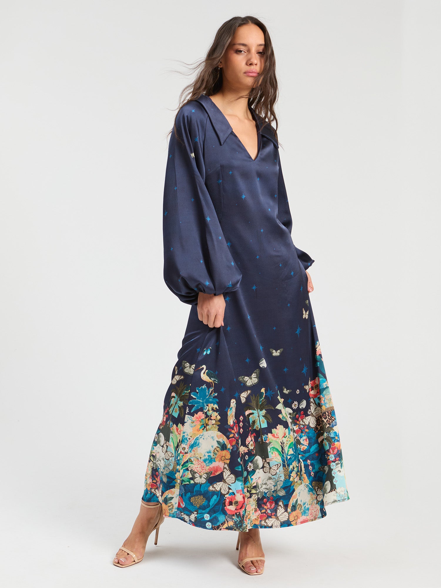 LONG NAVY DRESS WITH FLOWERS AND BUTTERFLIES