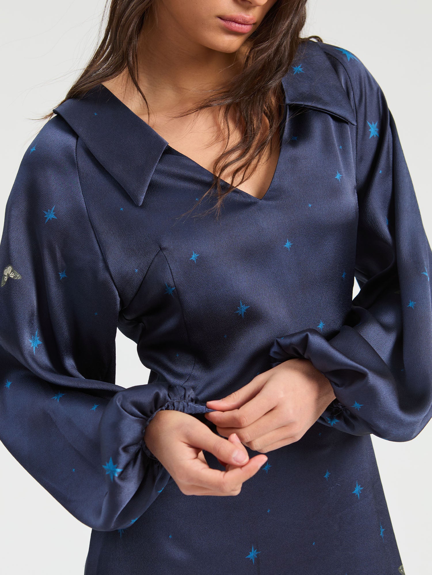 LONG NAVY DRESS WITH FLOWERS AND BUTTERFLIES