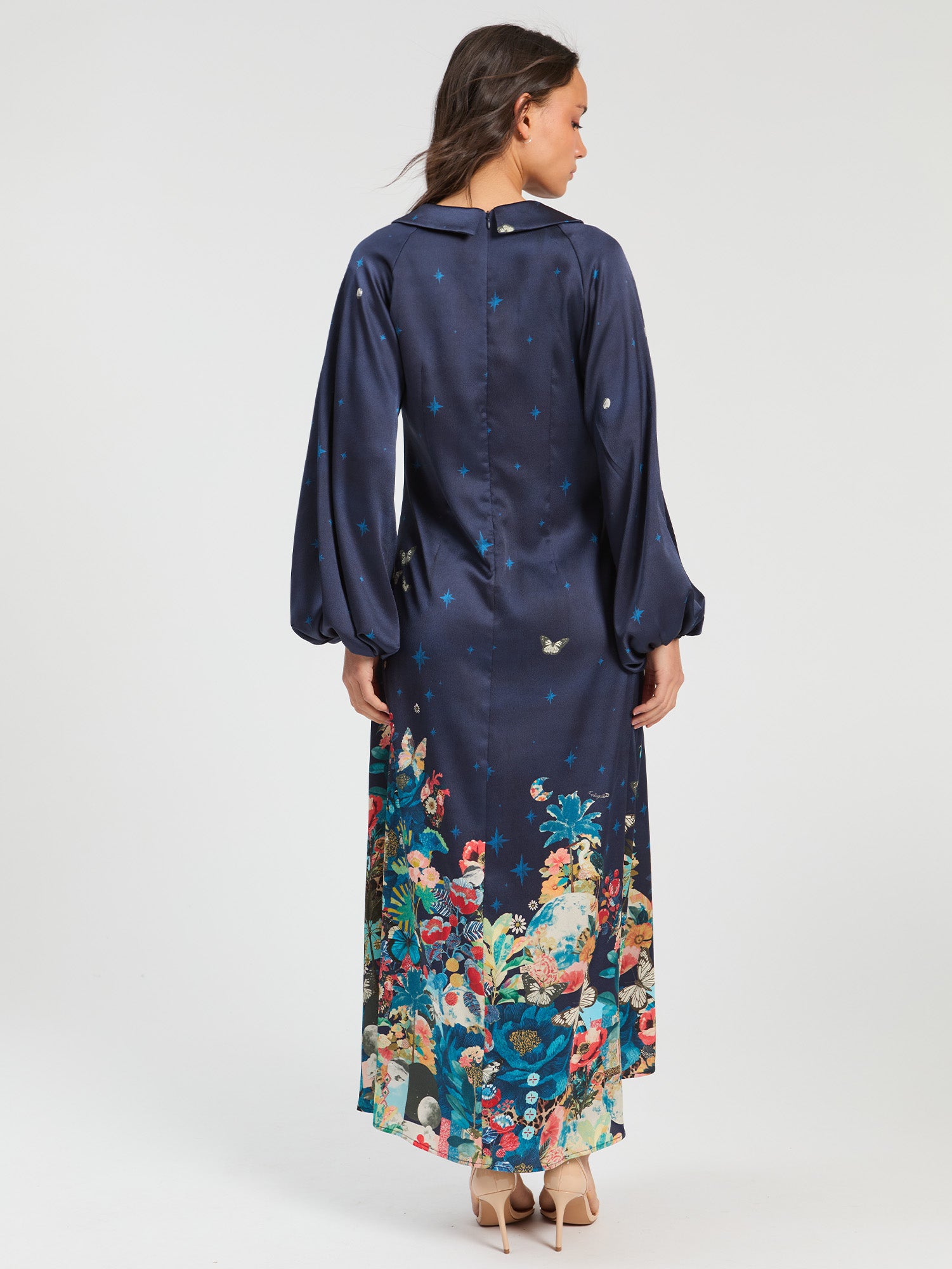 LONG NAVY DRESS WITH FLOWERS AND BUTTERFLIES