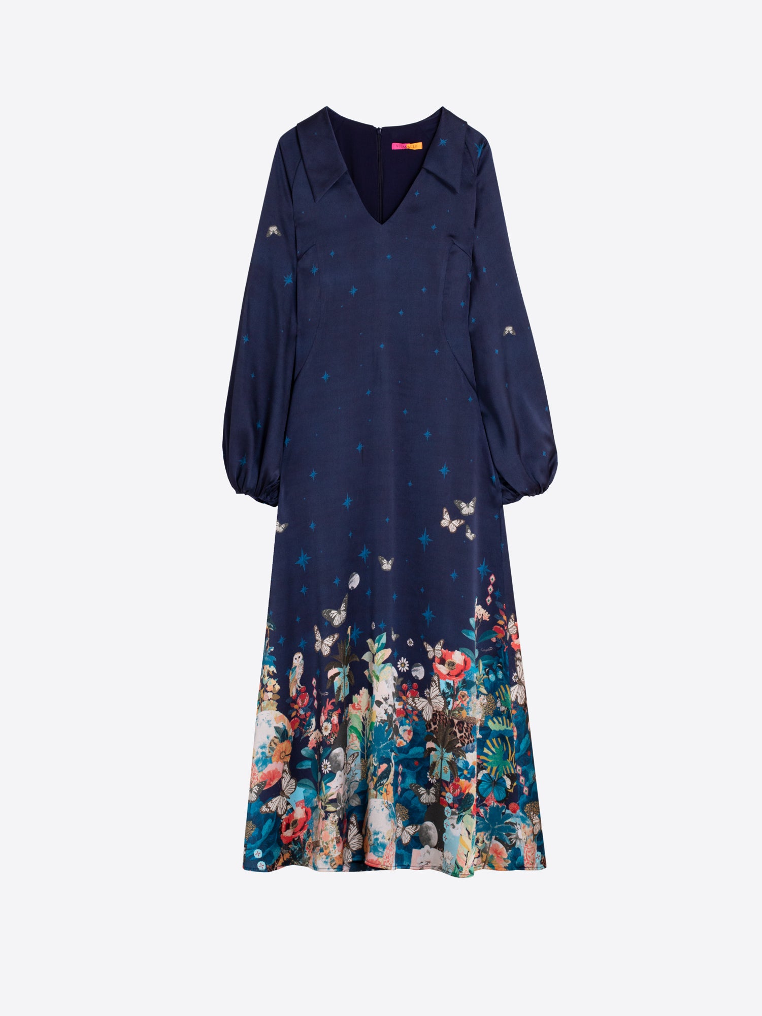 LONG NAVY DRESS WITH FLOWERS AND BUTTERFLIES