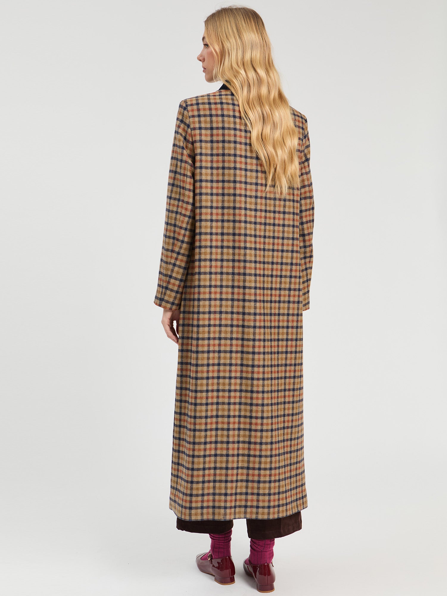 LONG PLAID COAT IN TILE AND NAVY