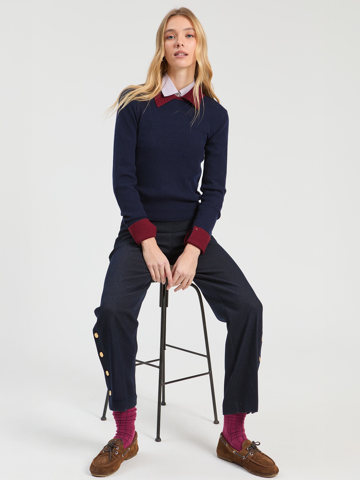 NAVY KNIT TROUSERS WITH SIDE BUTTONS