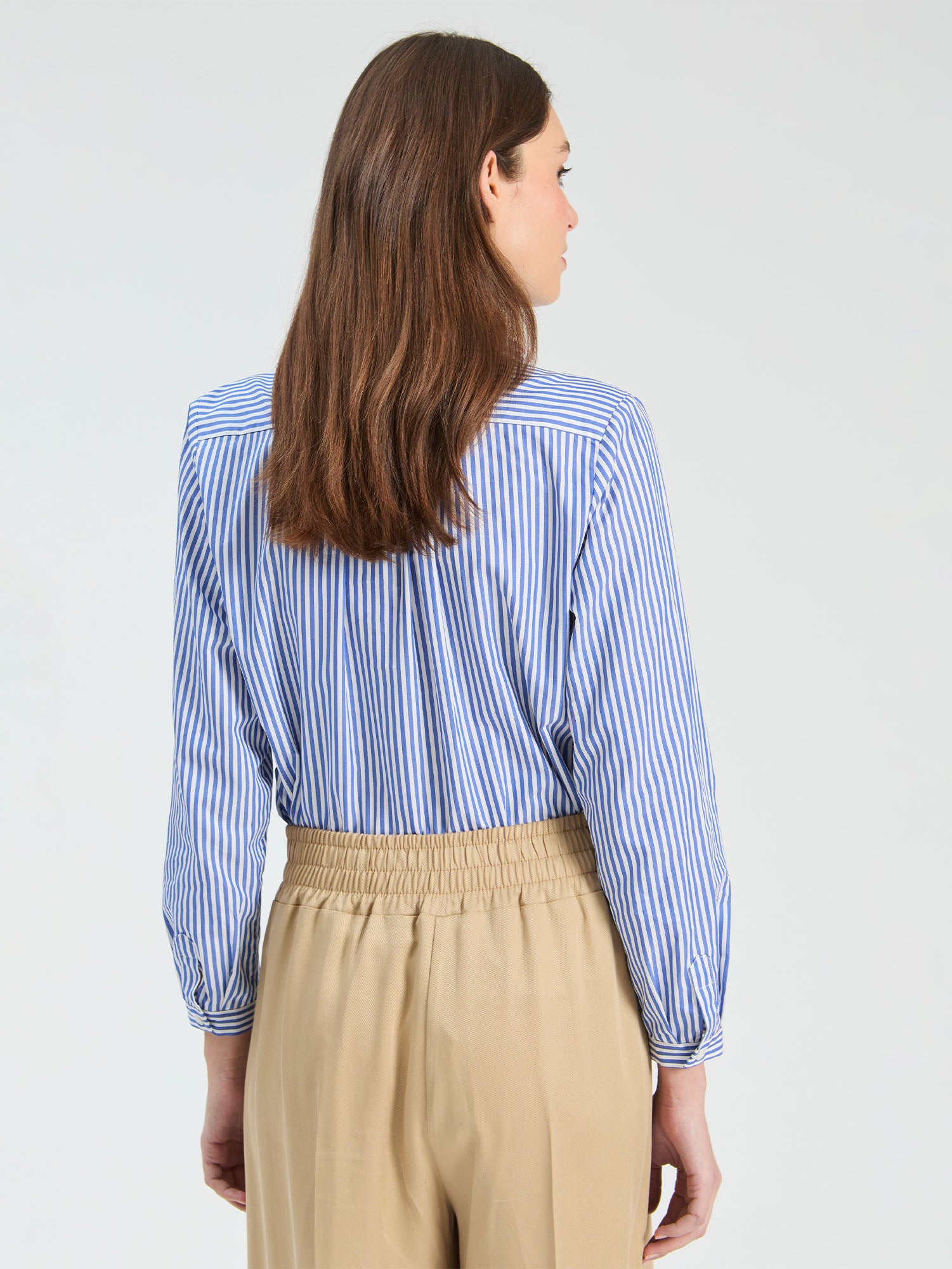 TEAL STRIPED SHIRT WITH FRONT RUFFLE