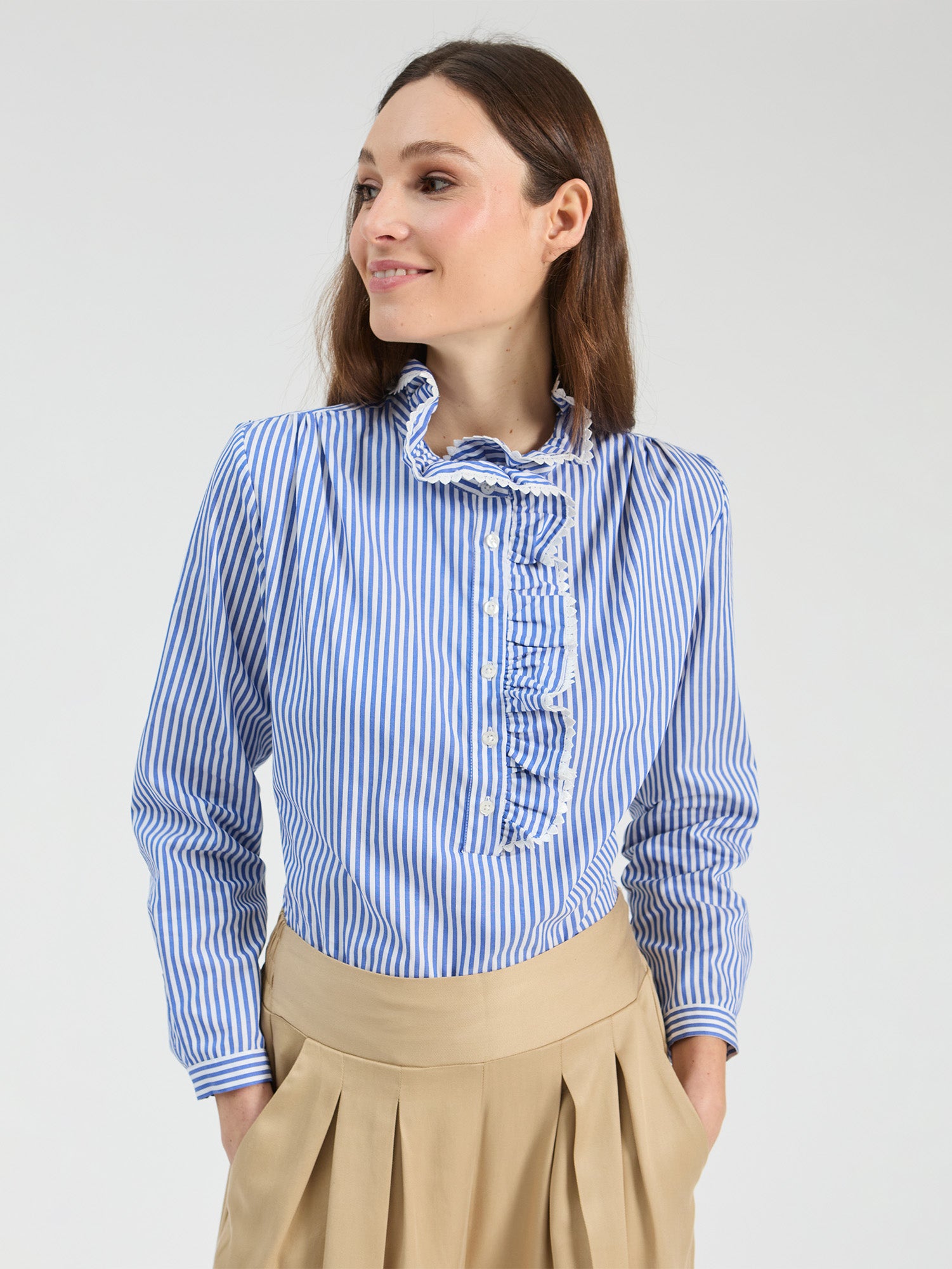 TEAL STRIPED SHIRT WITH FRONT RUFFLE
