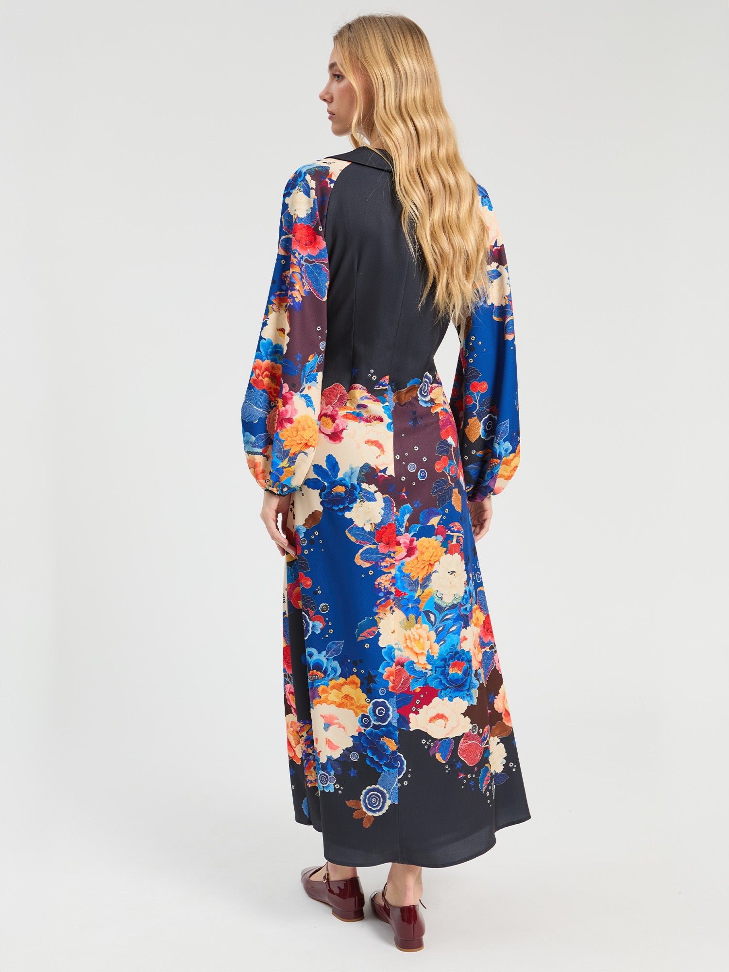BLUE MULTICOLOR LONG DRESS WITH FLOWERS AND MUSHROOMS