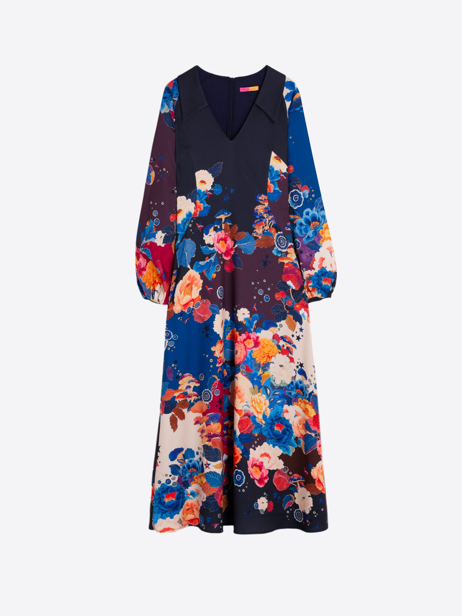 BLUE MULTICOLOR LONG DRESS WITH FLOWERS AND MUSHROOMS