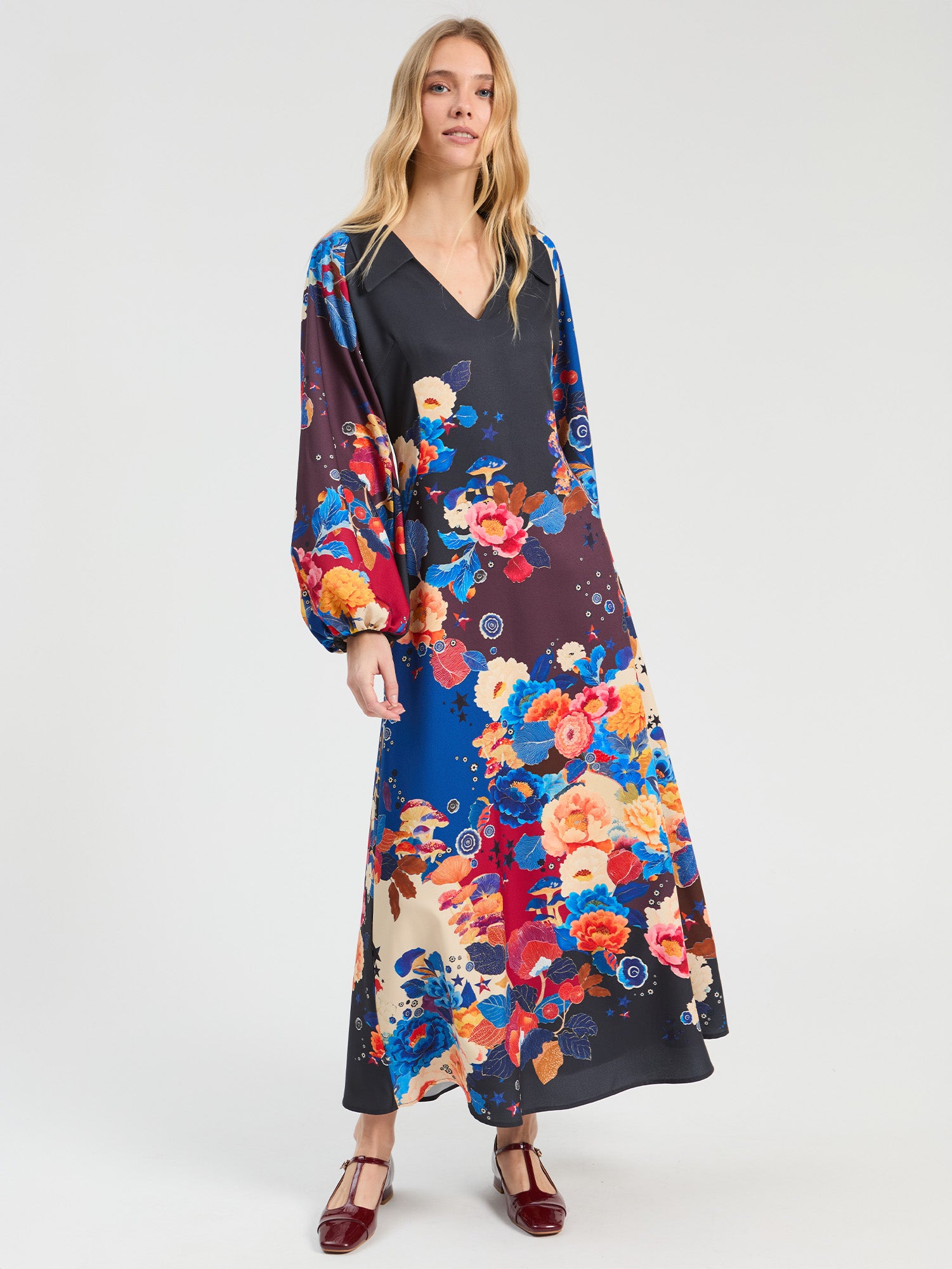 BLUE MULTICOLOR LONG DRESS WITH FLOWERS AND MUSHROOMS