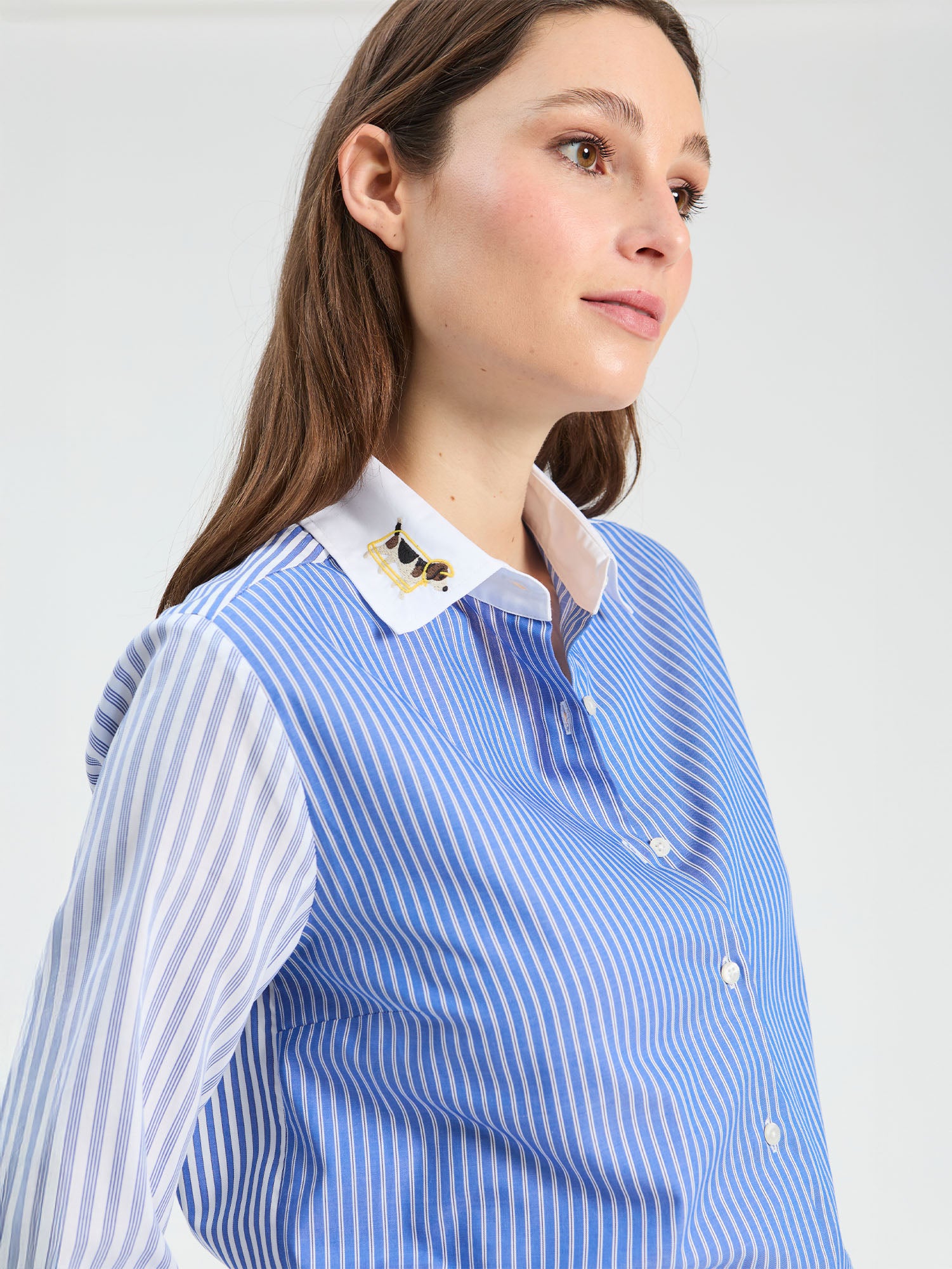 TEAL STRIPED SHIRT WITH EMBROIDERED COLLAR