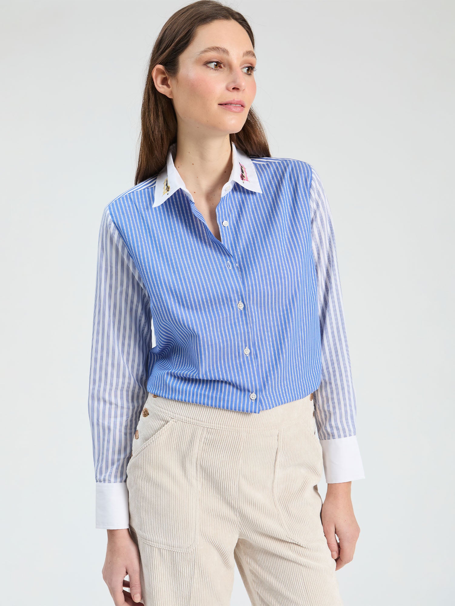 TEAL STRIPED SHIRT WITH EMBROIDERED COLLAR