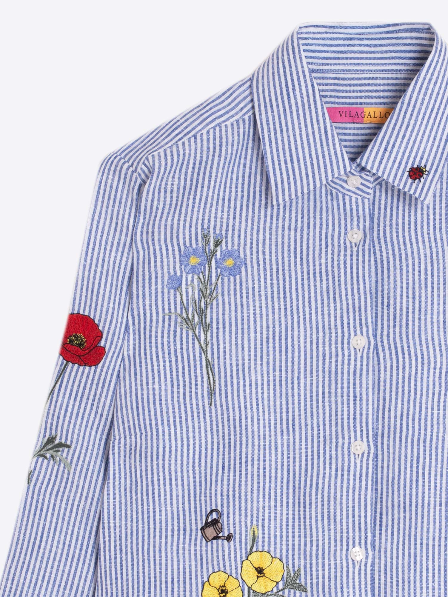 CAMISAS RAYAS AZULES FLORES BORDADAS