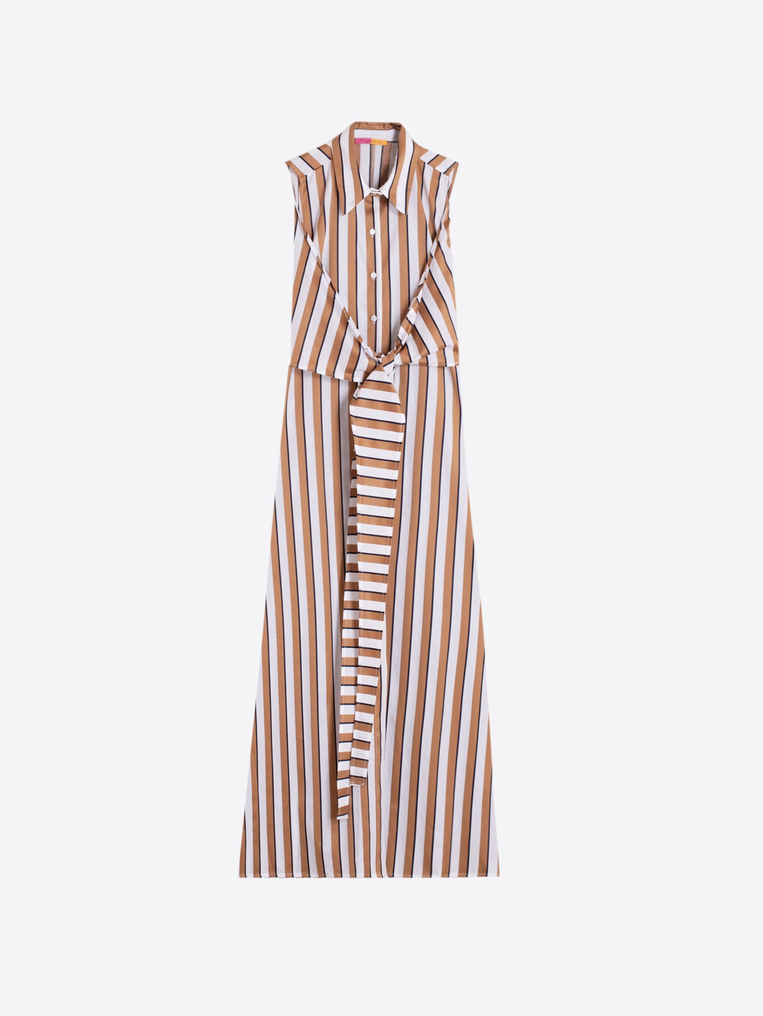 VESTIDO MIDI SIN MANGAS LAZO RAYA CAMEL