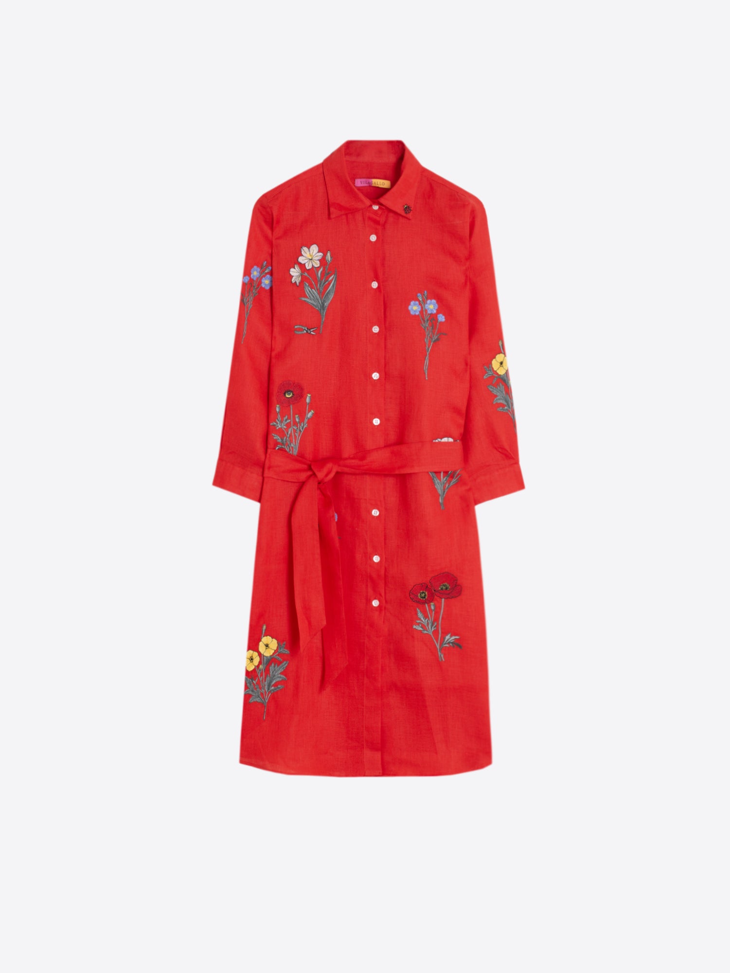 VESTIDO CAMISERO ROJO BORDADO FLORAL