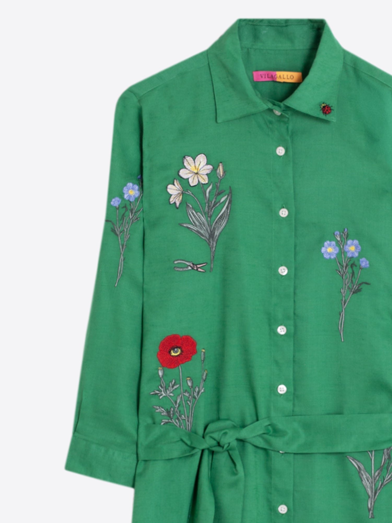 VESTIDO CAMISERO VERDE BORDADO FLORAL