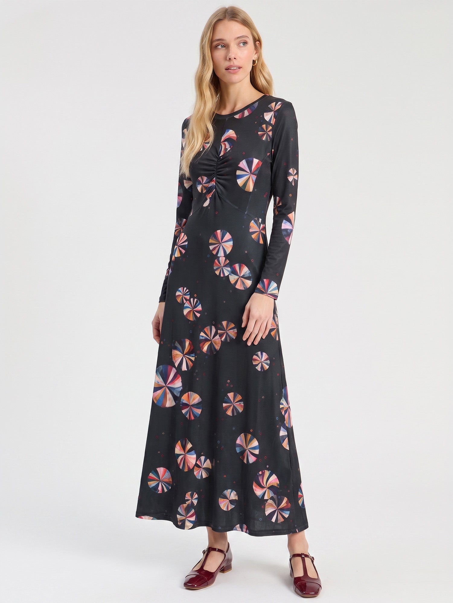 LONG GREEN CIRCLE PRINT DRESS