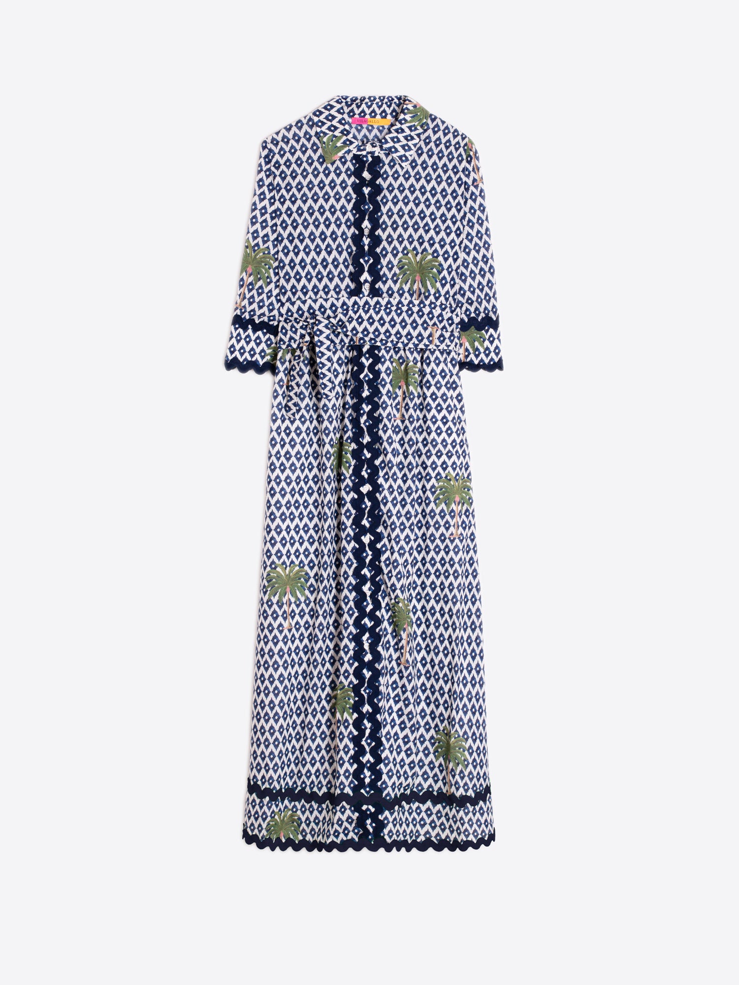 VESTIDO ESTAMPADO PALMERAS RIBETE MARINO