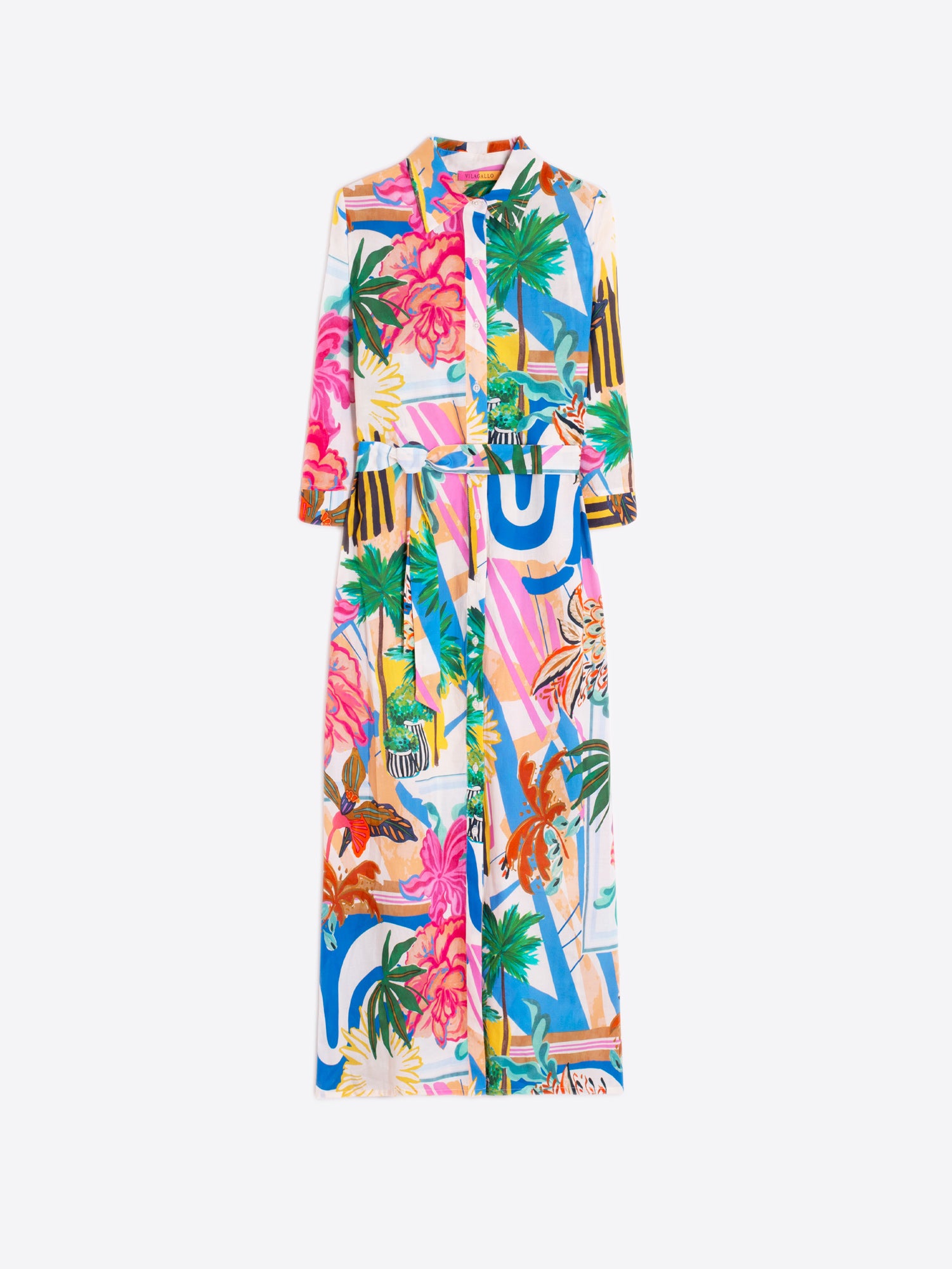 VESTIDO CAMISERO ESTAMPADO PALMERAS MULTICOLOR