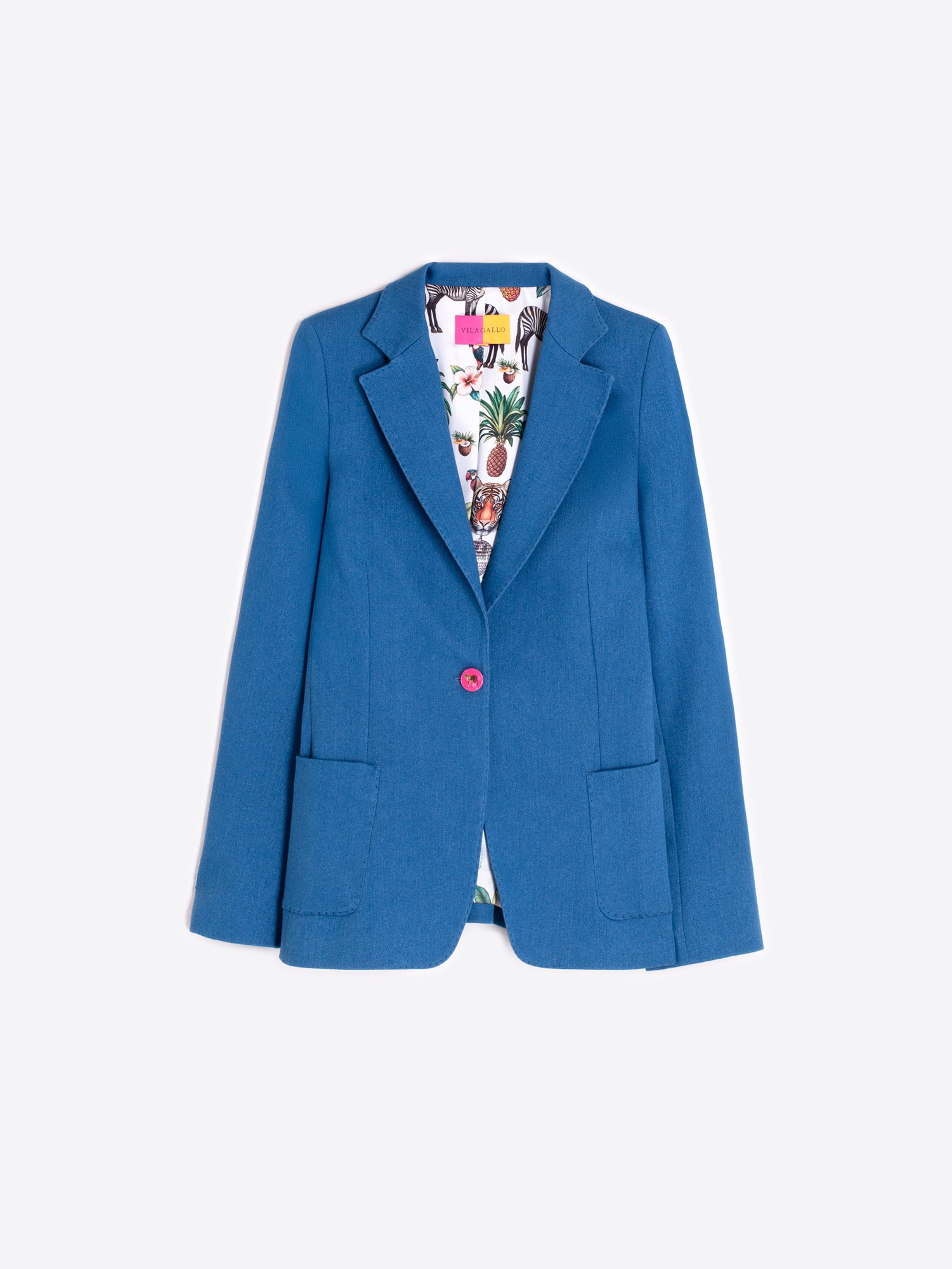 CHAQUETA AZUL BOTÓN ROSA Y FORRO ILUSTRADO