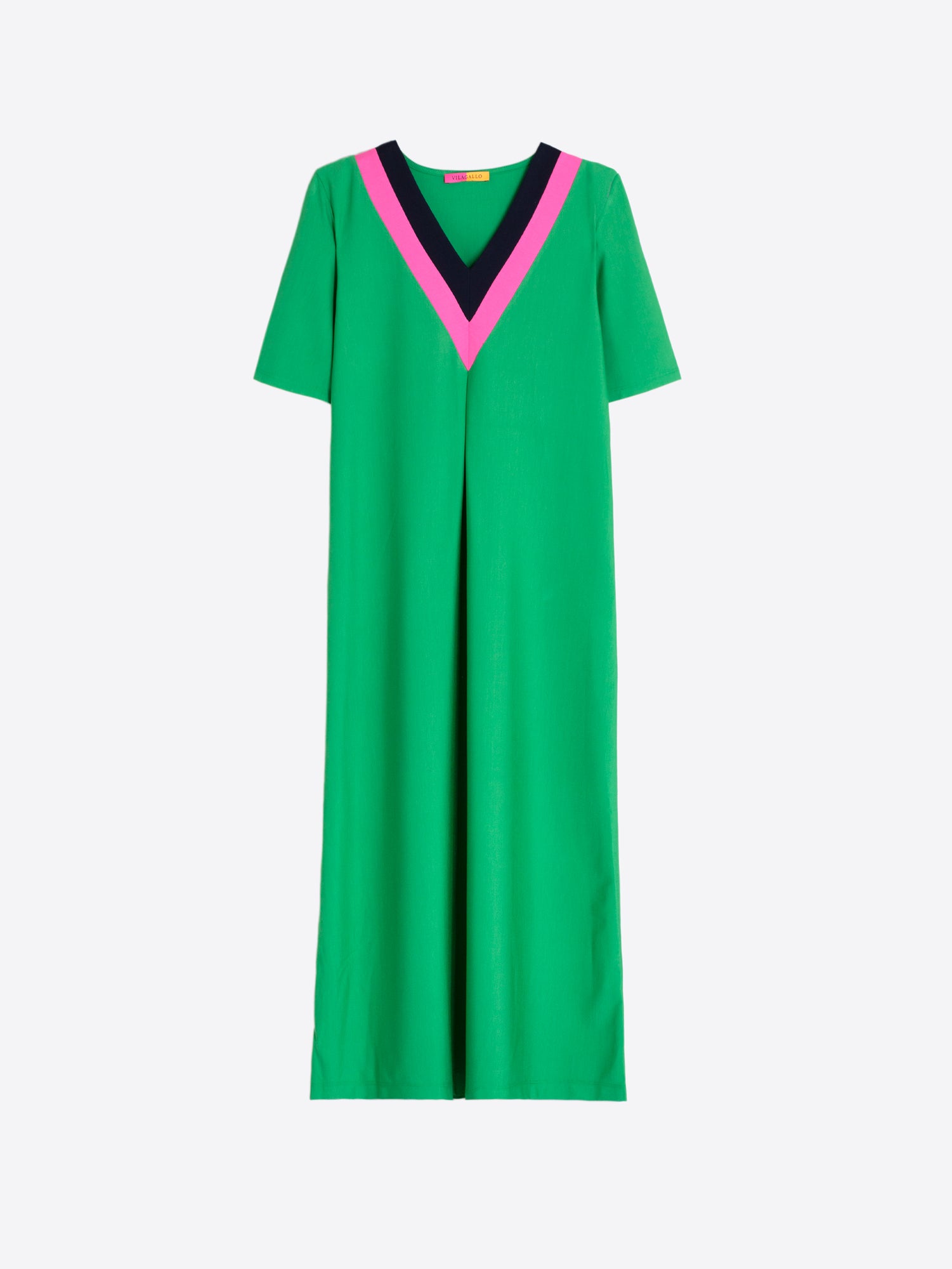VESTIDO LARGO VERDE ESCOTE EN V EN CONTRASTE