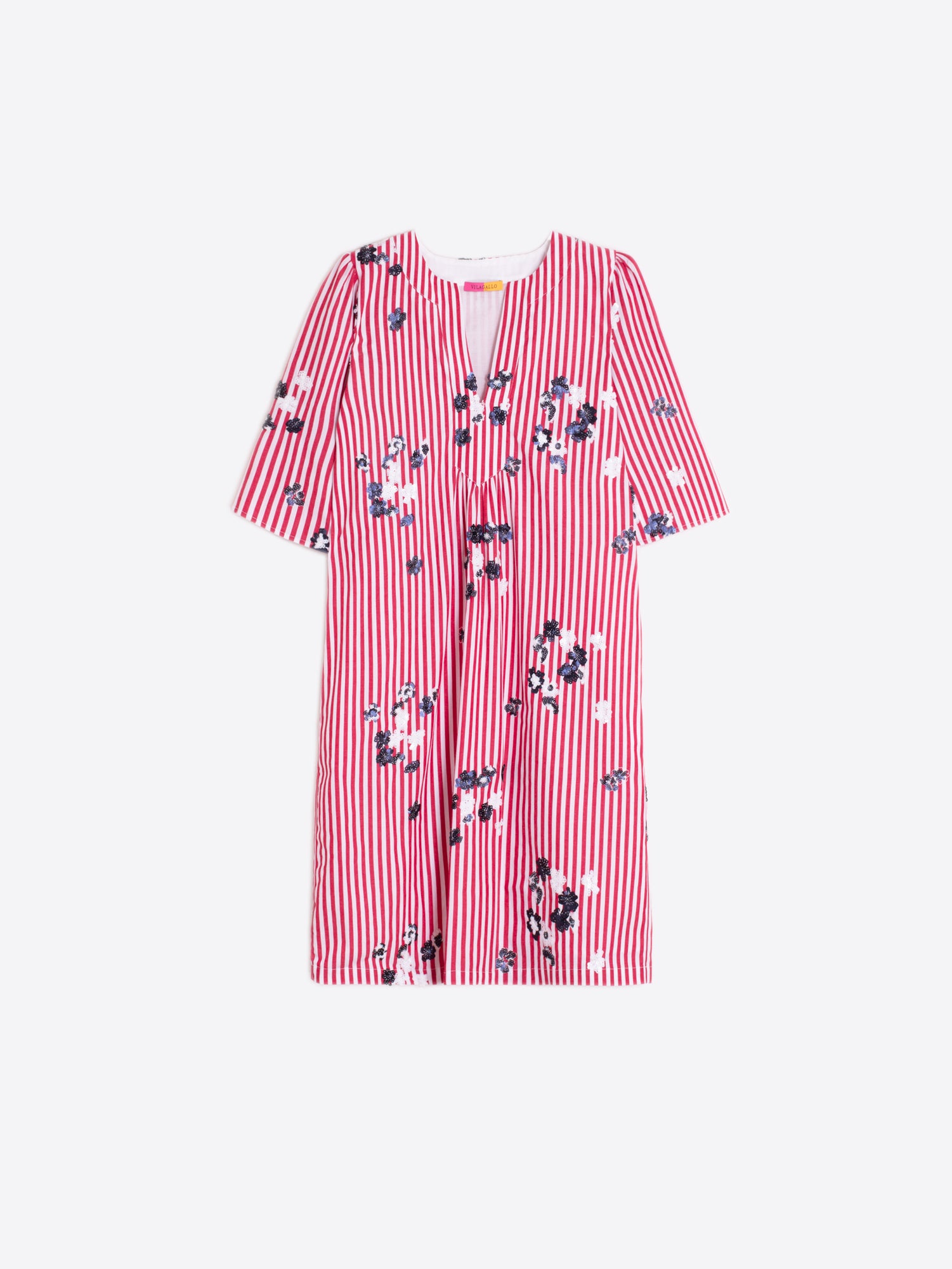 VESTIDO RAYAS ROJO FLORES LENTEJUELAS
